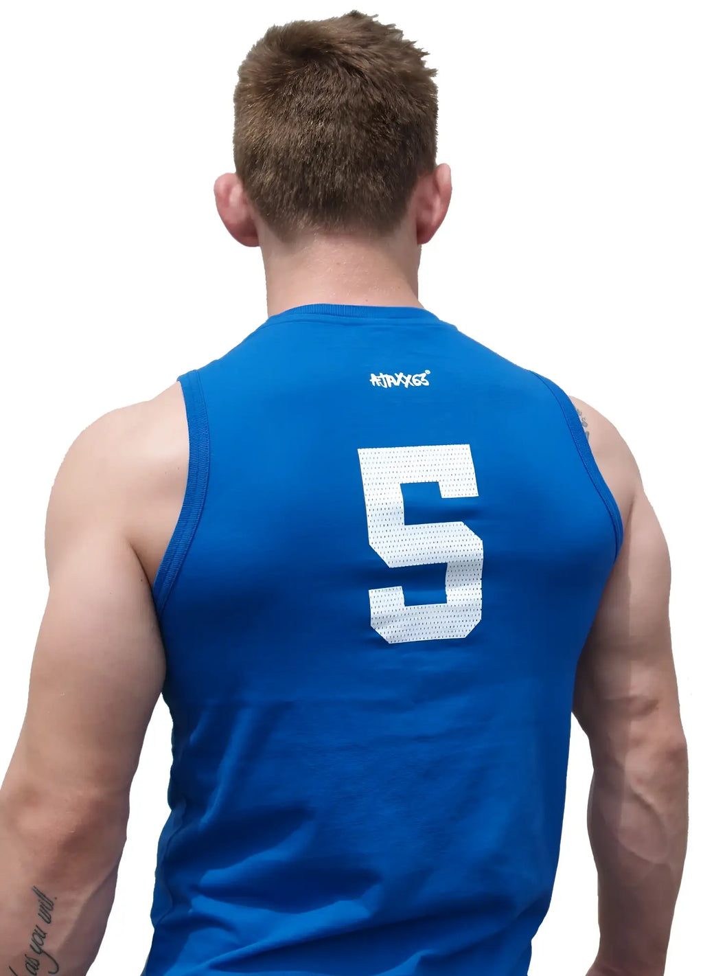 Blue sleeveless athletic tank top with white number 5 and small logo on the back in mea track sleeveless athletic fit