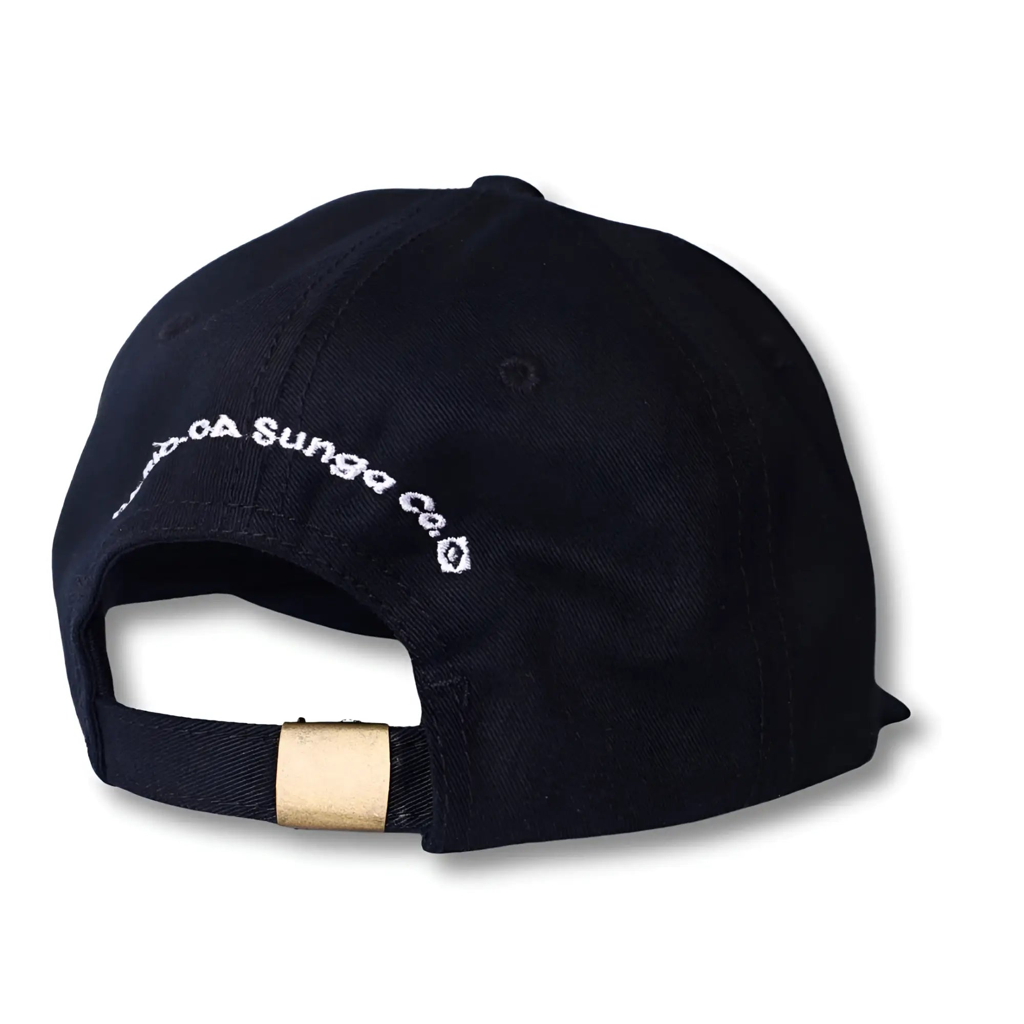 Black dad hat made in brasil with white embroidered text and gold-tone metal adjustment strap on the back