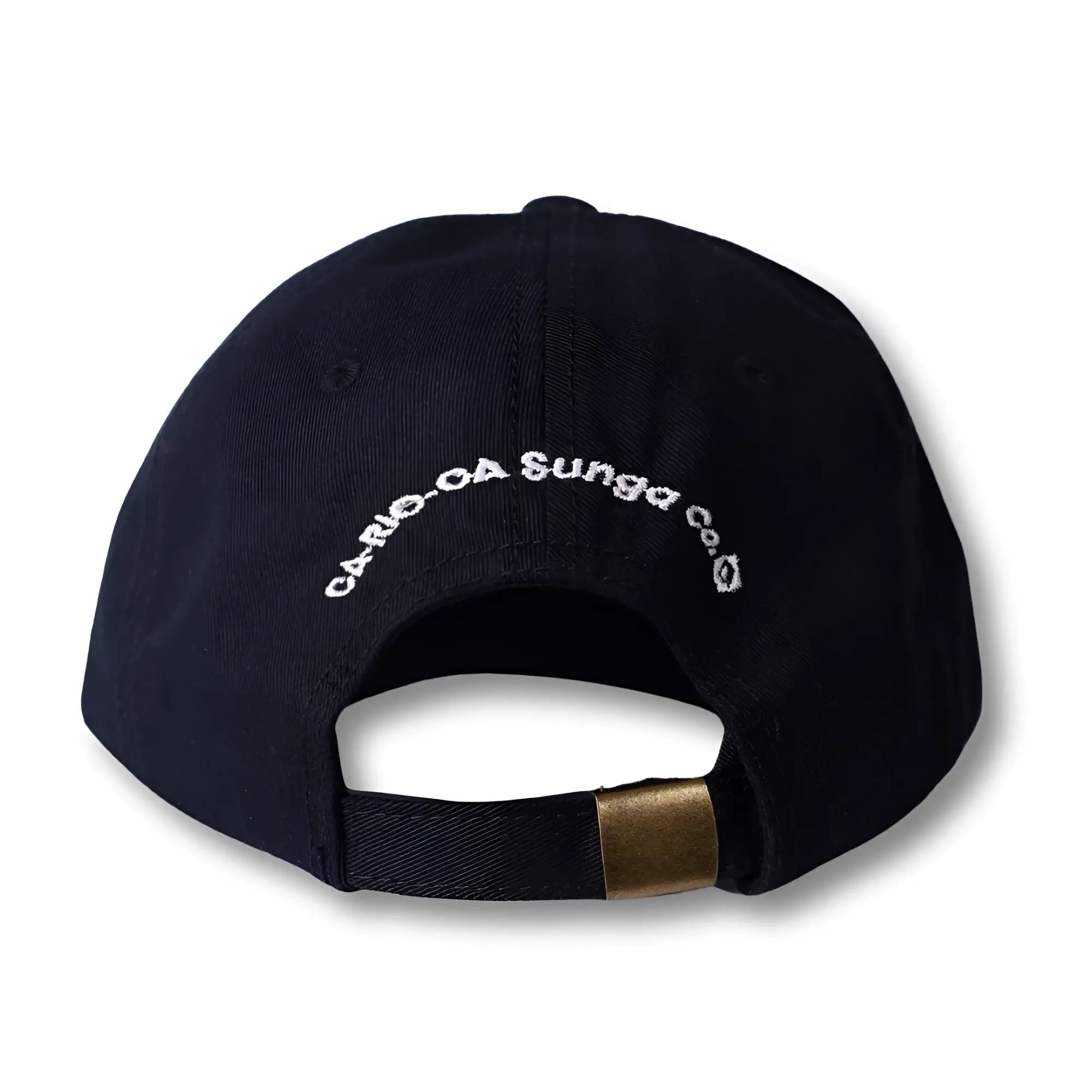 Black dad hat made in brasil with white embroidered text and a gold-tone metal adjustment strap shown from the back