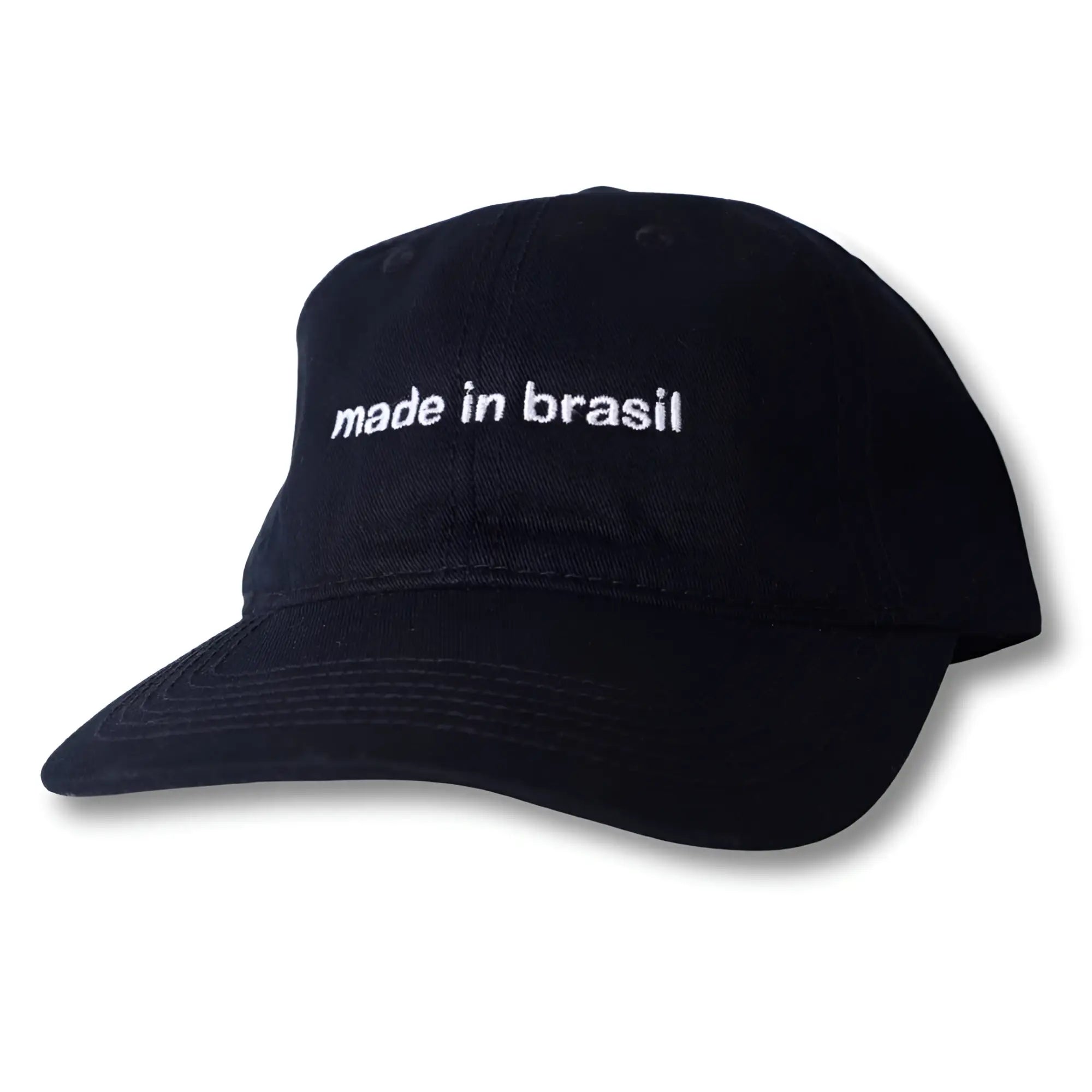 Black cotton dad hat with white embroidered made in brasil text across the front perfect for casual wear