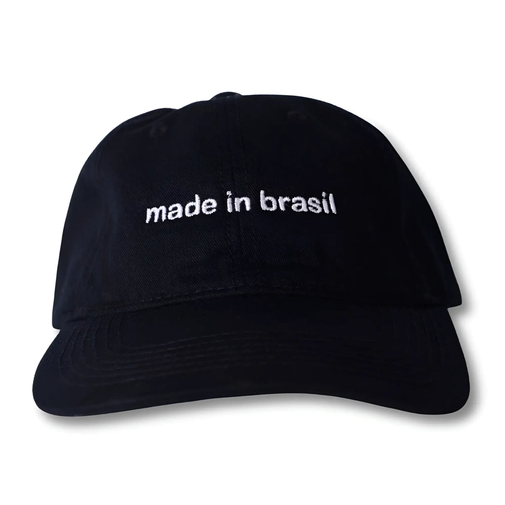 Black cotton dad hat with white embroidered made in brasil text across the front for casual wear