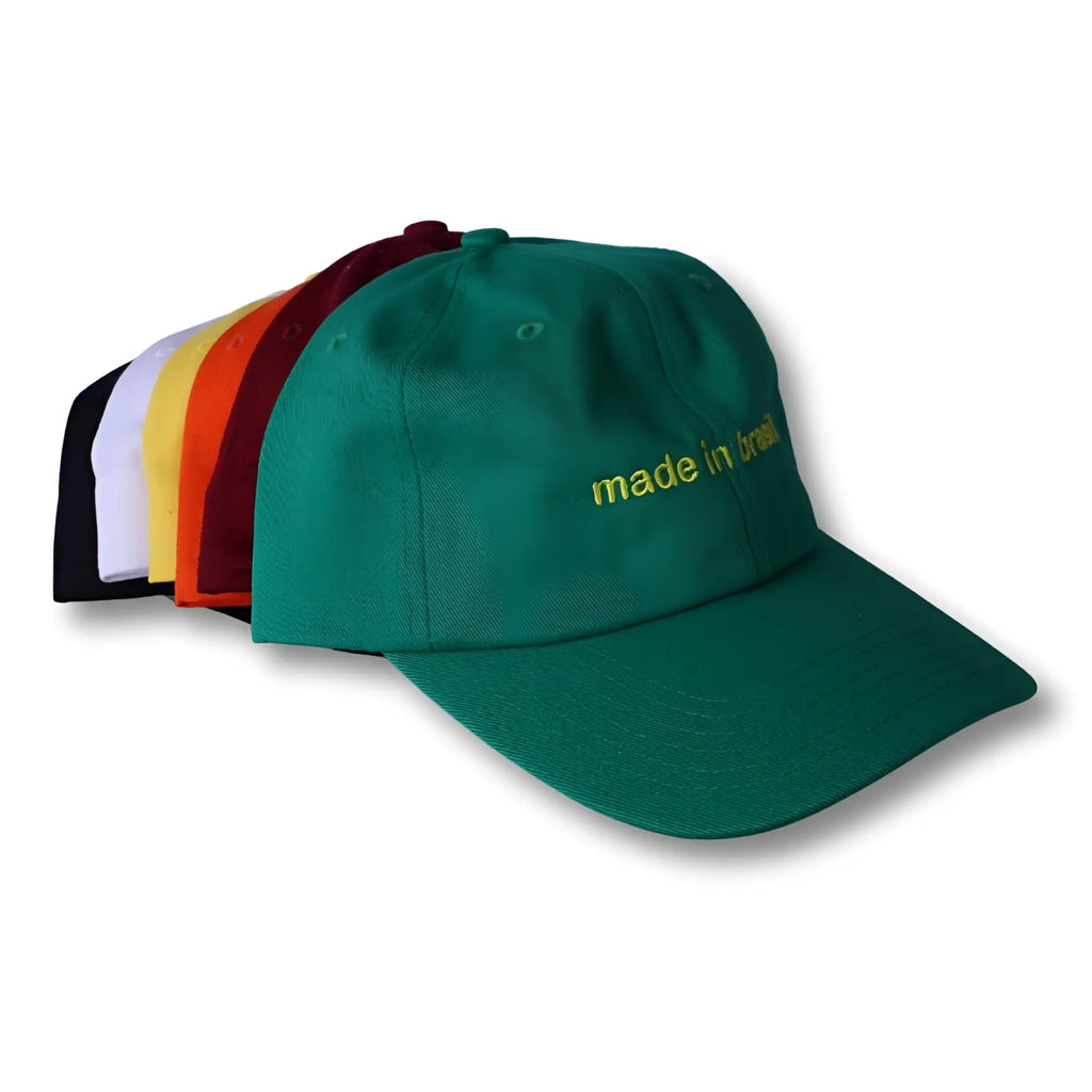 Green dad hat with made in brazil embroidered in yellow thread on the front for casual wear