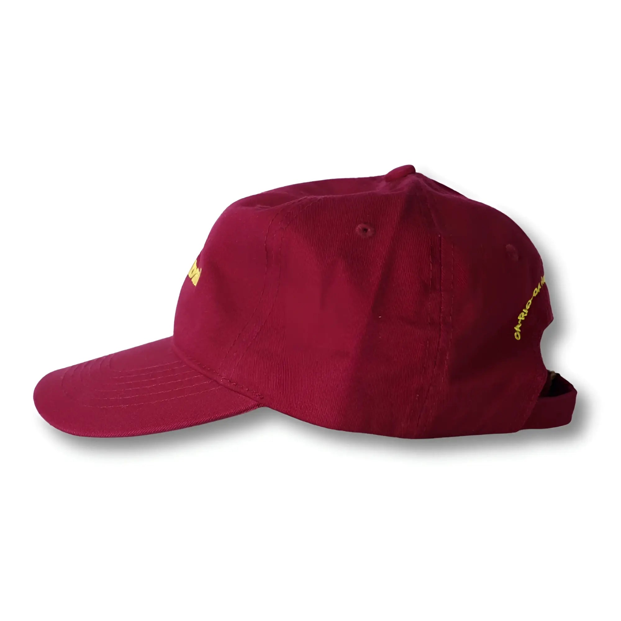 Maroon corduroy dad hat made in brasil with yellow embroidered text on the side