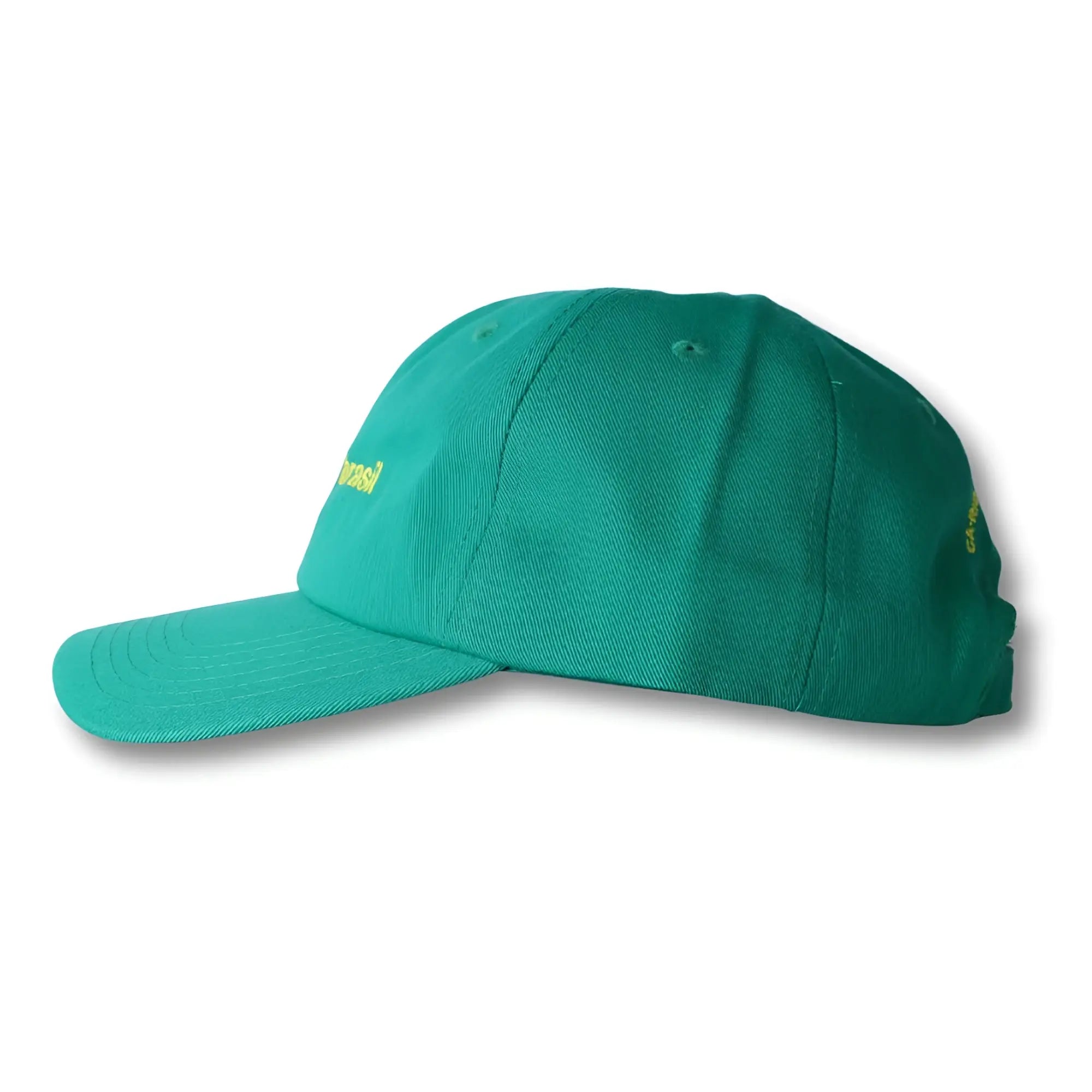 Teal dad hat made in Brasil featuring yellow embroidered text on the front and side with adjustable strap
