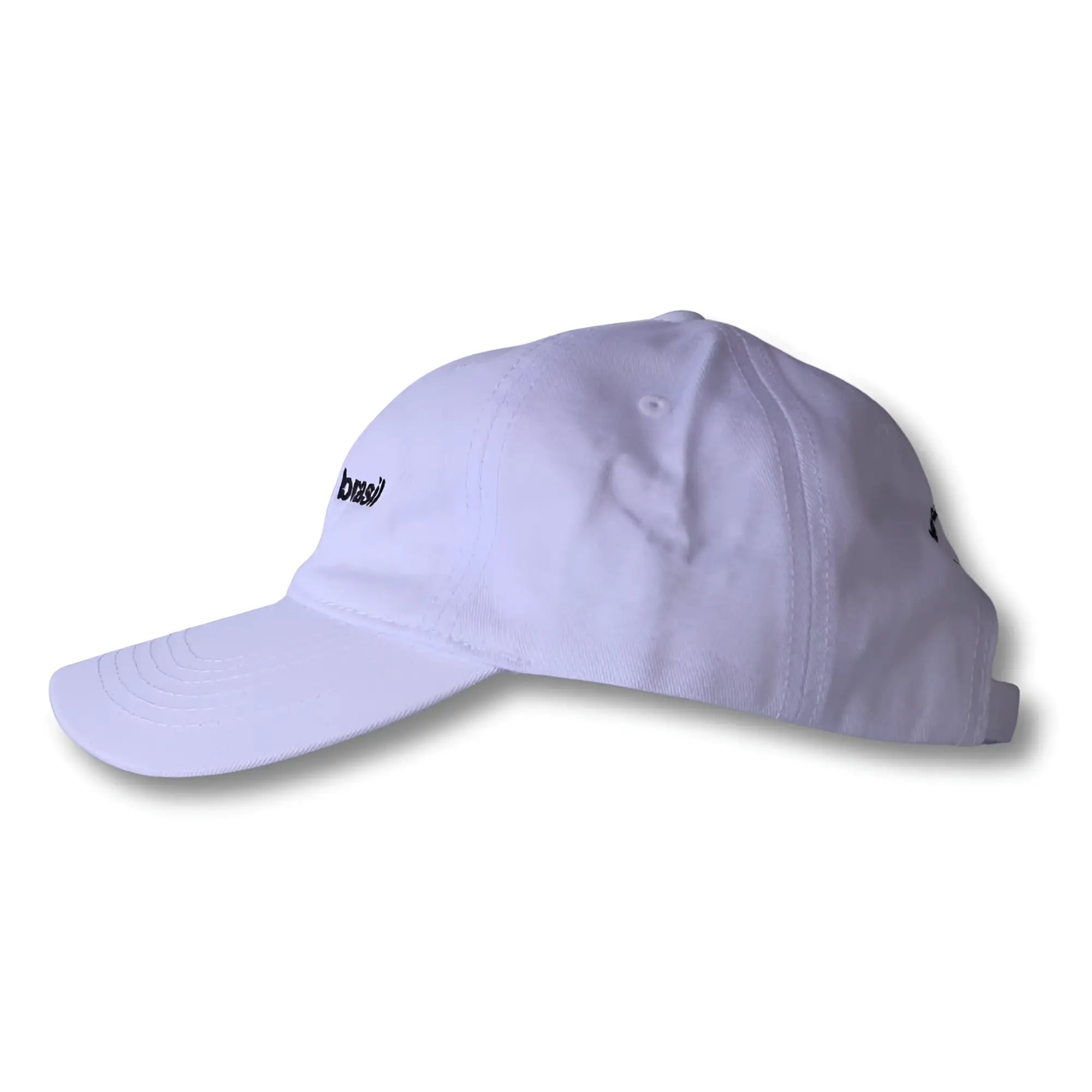 White dad hat made in brasil with black embroidered text on the front for casual wear