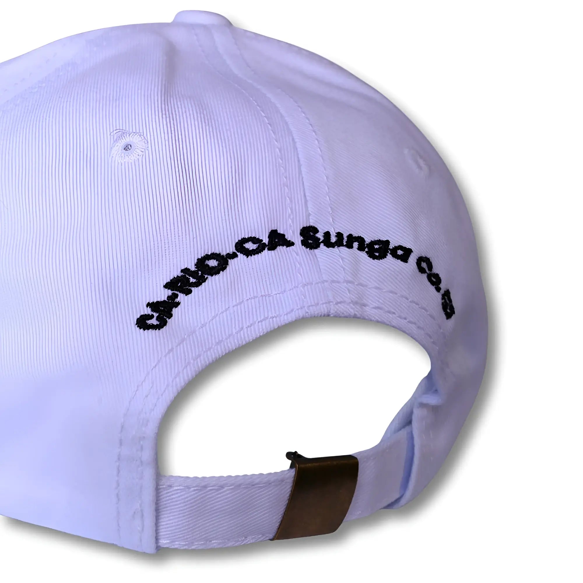 Back of a made in brasil dad hat white cotton baseball cap with black embroidered text and brown plastic buckle strap