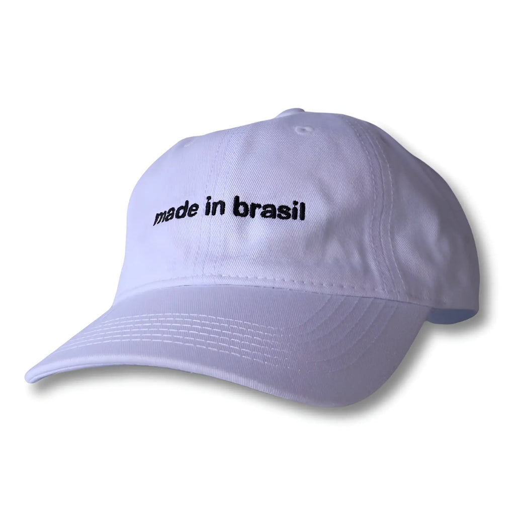 White cotton dad hat with black embroidered made in brasil text on the front for casual wear