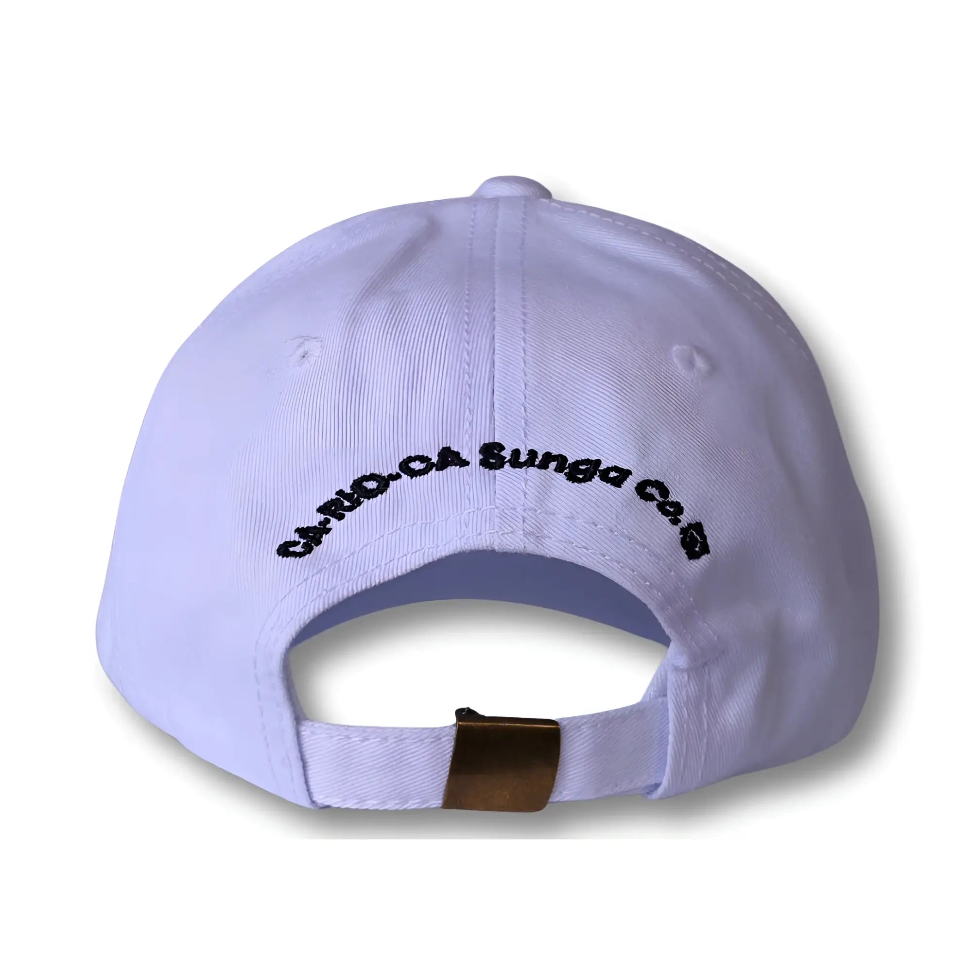 White cotton dad hat made in brasil with black embroidered text and gold-tone metal adjustment strap on the back