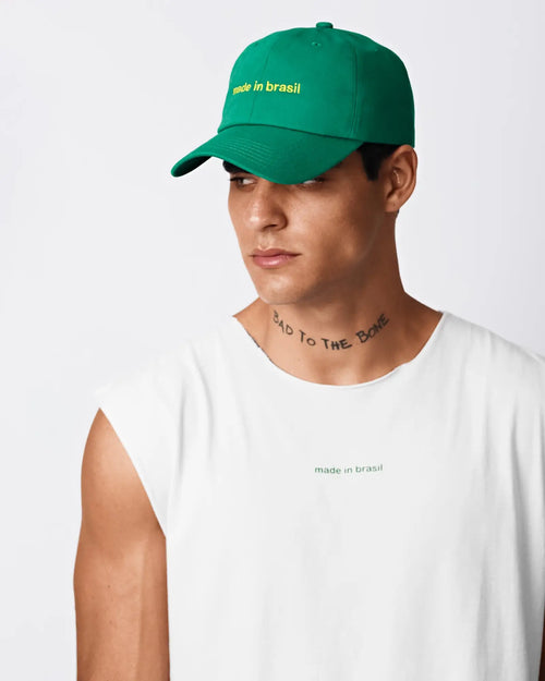 Green cotton baseball cap with yellow made in brasil embroidery for men’s sleeveless t-shirt outfit