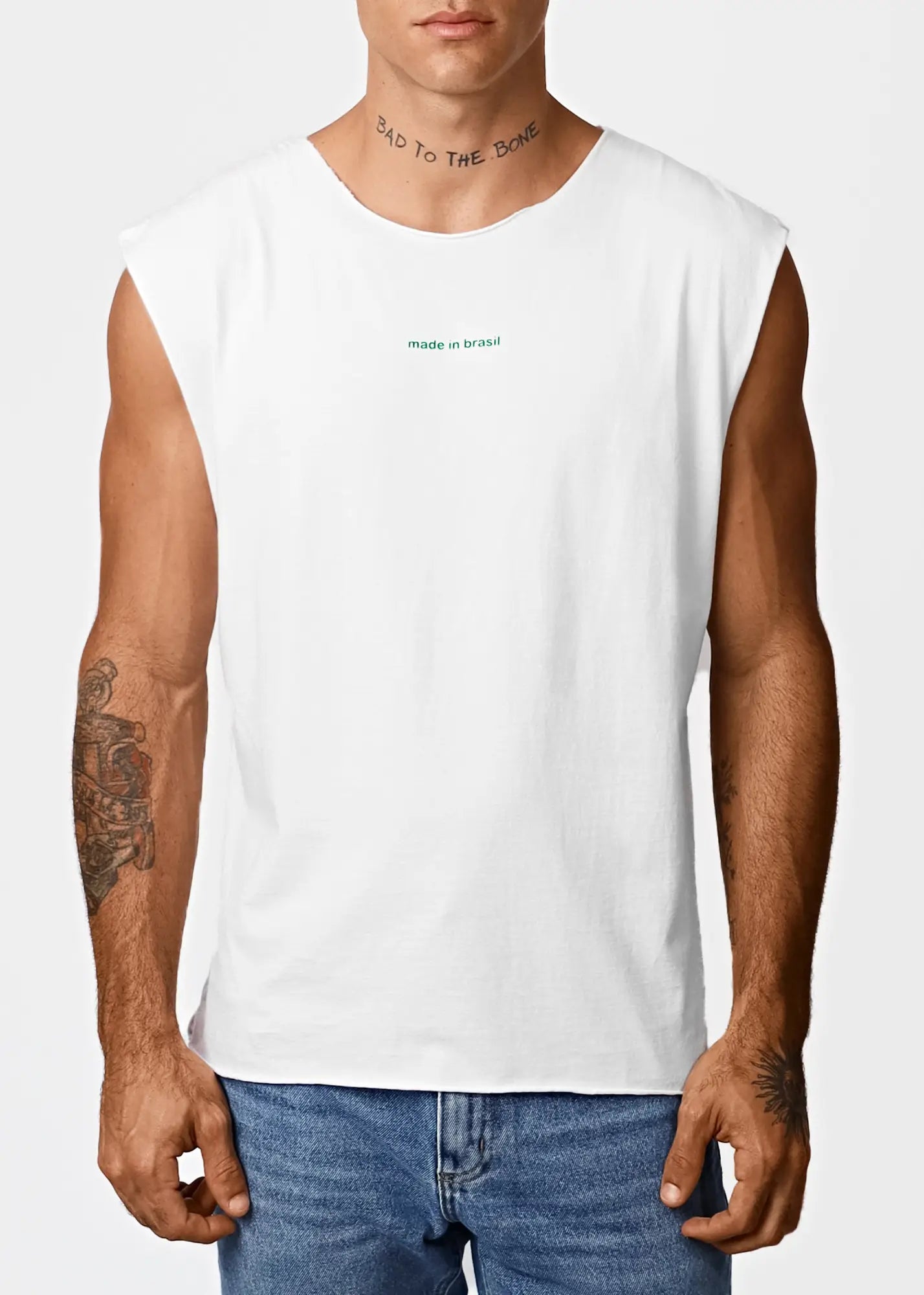 White men’s cotton sleeveless t-shirt with subtle green made in brazil text printed across the chest