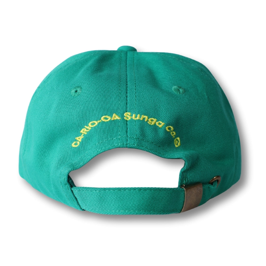 Back view of a teal dad hat made in brasil with yellow embroidered ca rio ca sunga co text