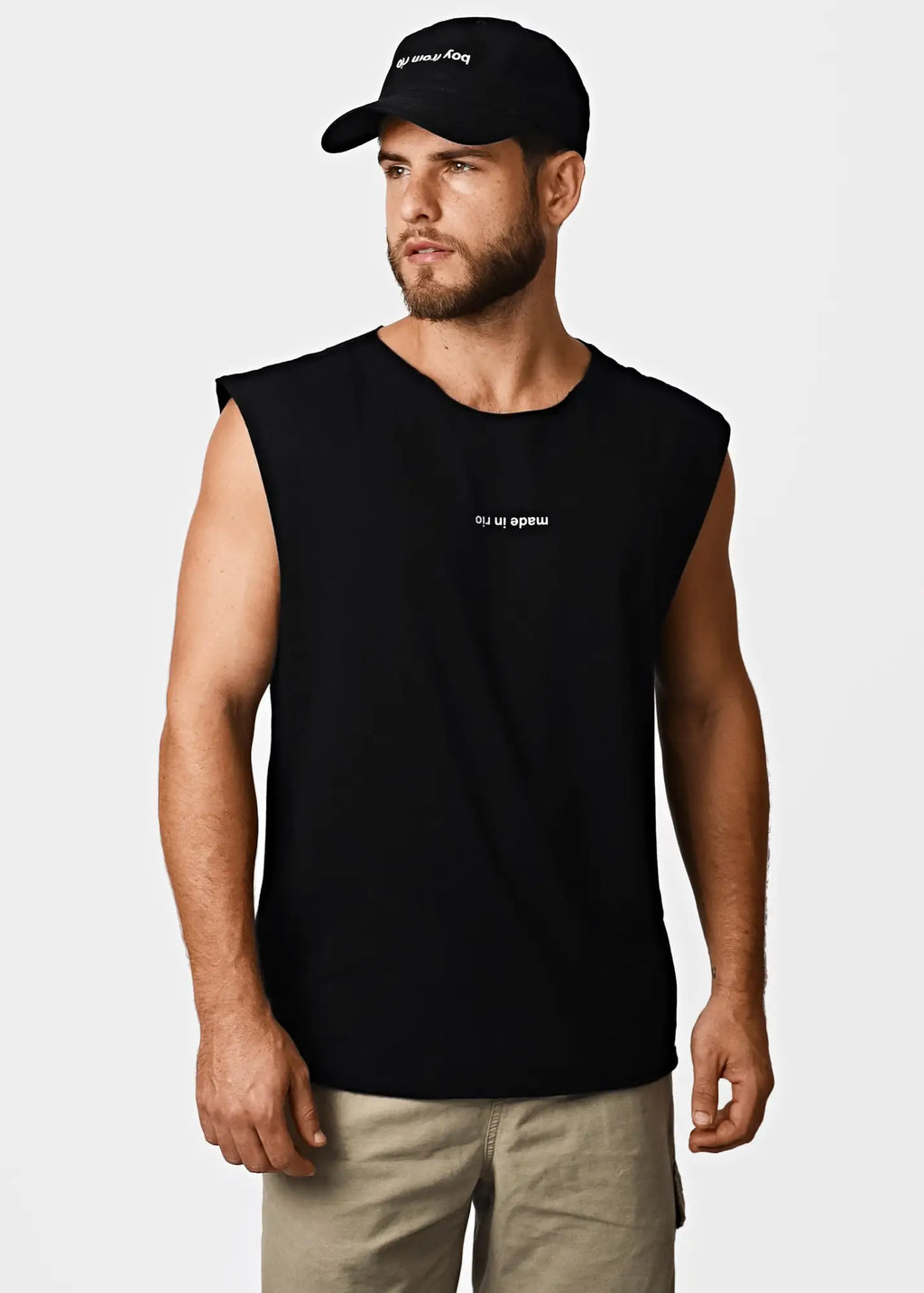 Black sleeveless cotton t-shirt with white embroidered text on chest made in rio flip men’s casual top
