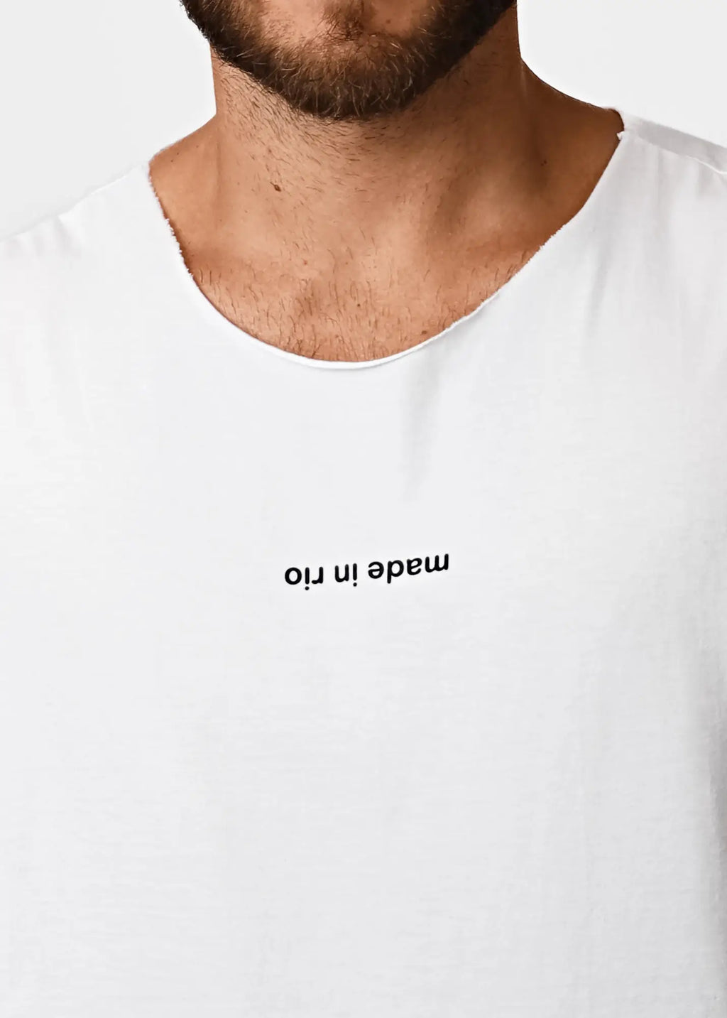 White cotton sleeveless t-shirt with black made in rio text printed across the chest for men