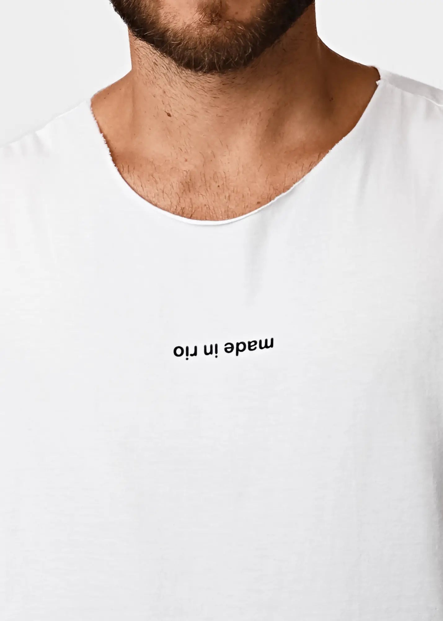 White cotton sleeveless t-shirt with black made in rio text printed across the chest for men