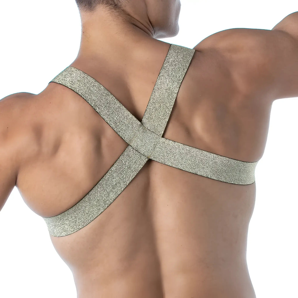 Shimmering gold glittery strap bra with a crisscross design from the magic h harness collection
