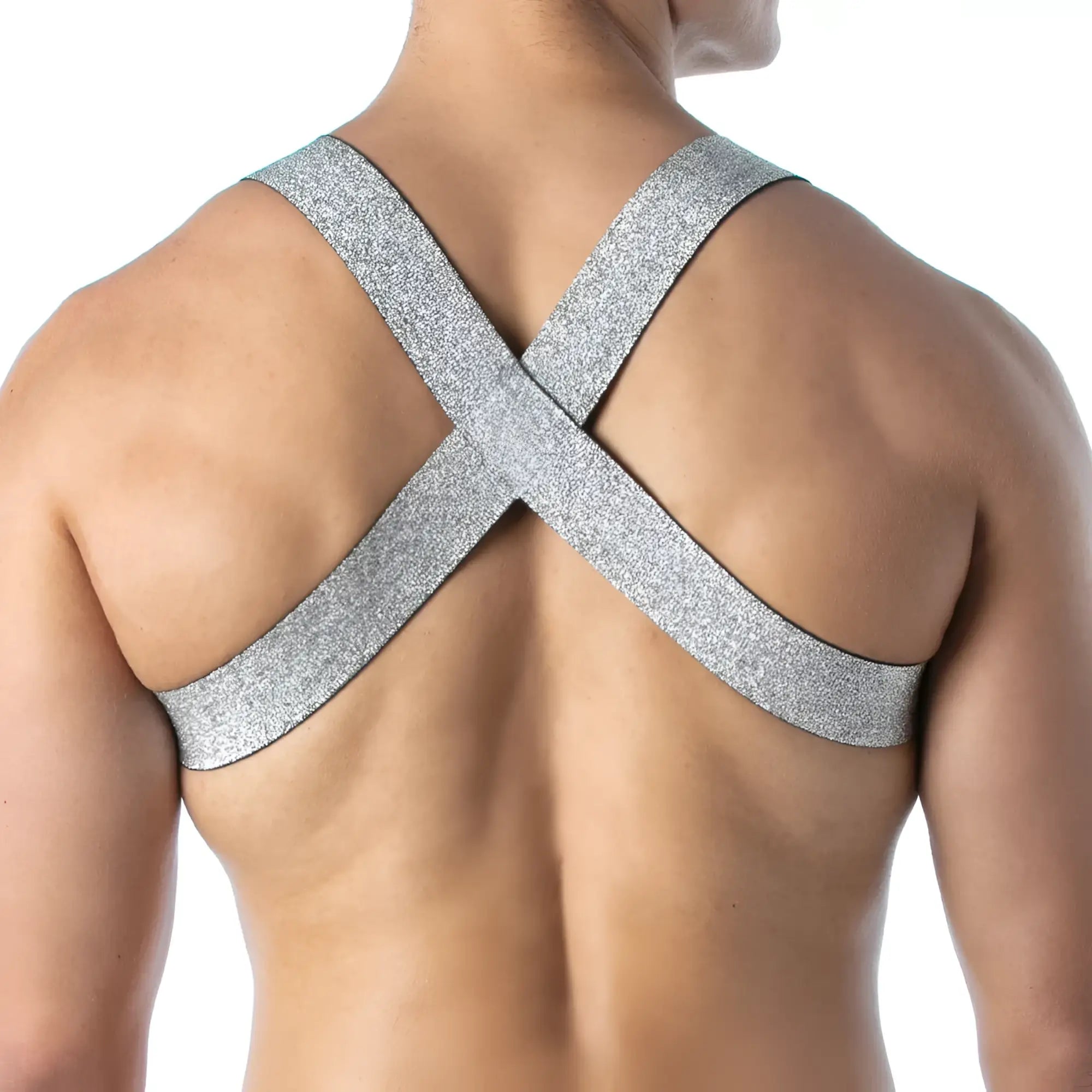 Silver glittery magic h harness with cross-back strap detail shown from the back side of the garment