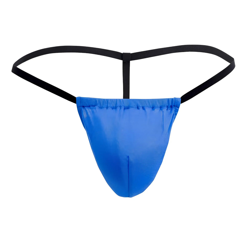 Magic silk 2706 silk g-string in cobalt blue with shiny fabric and black elastic straps shown from the back side