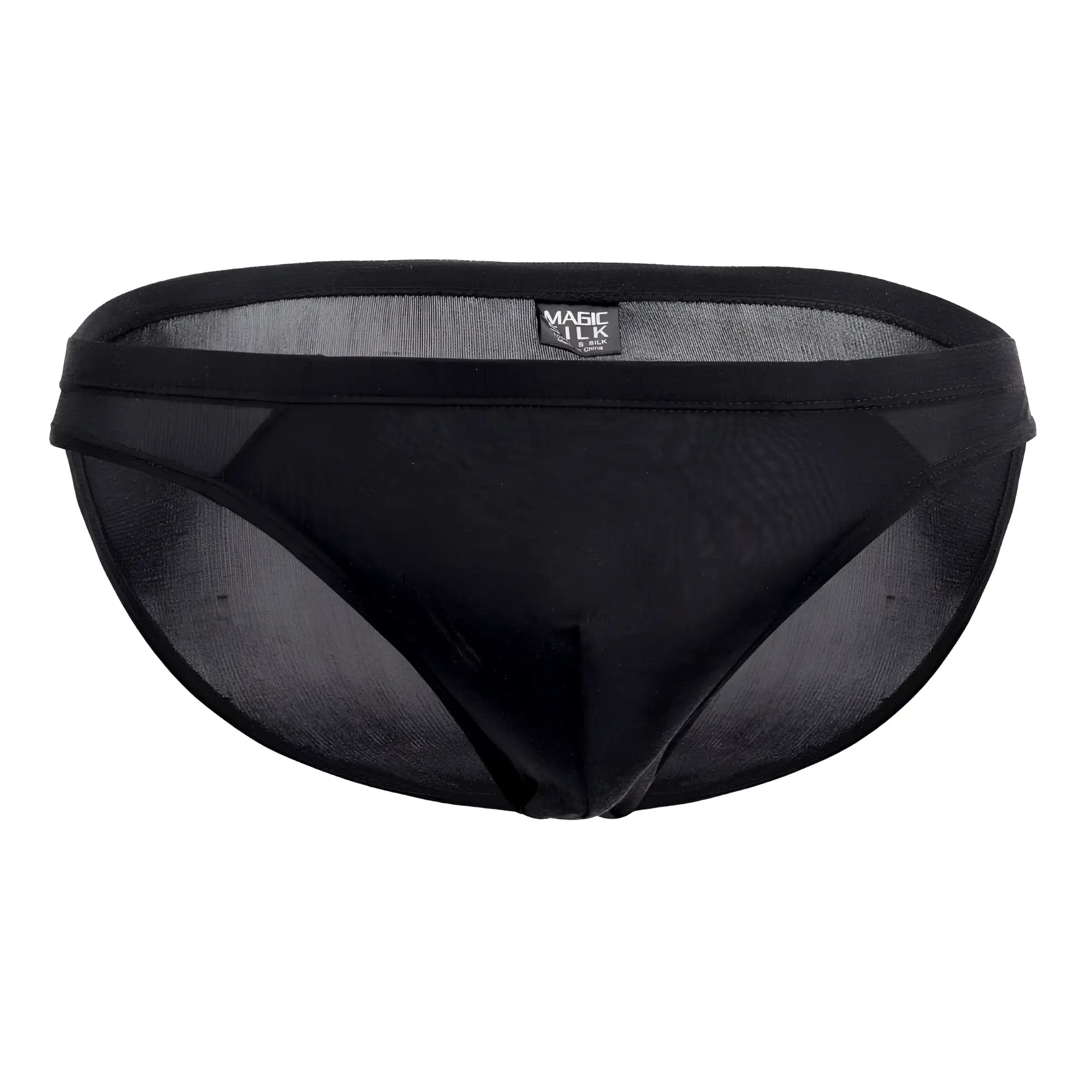 Black mesh silk briefs with a solid black waistband and magic silk brand label in color black model 6606