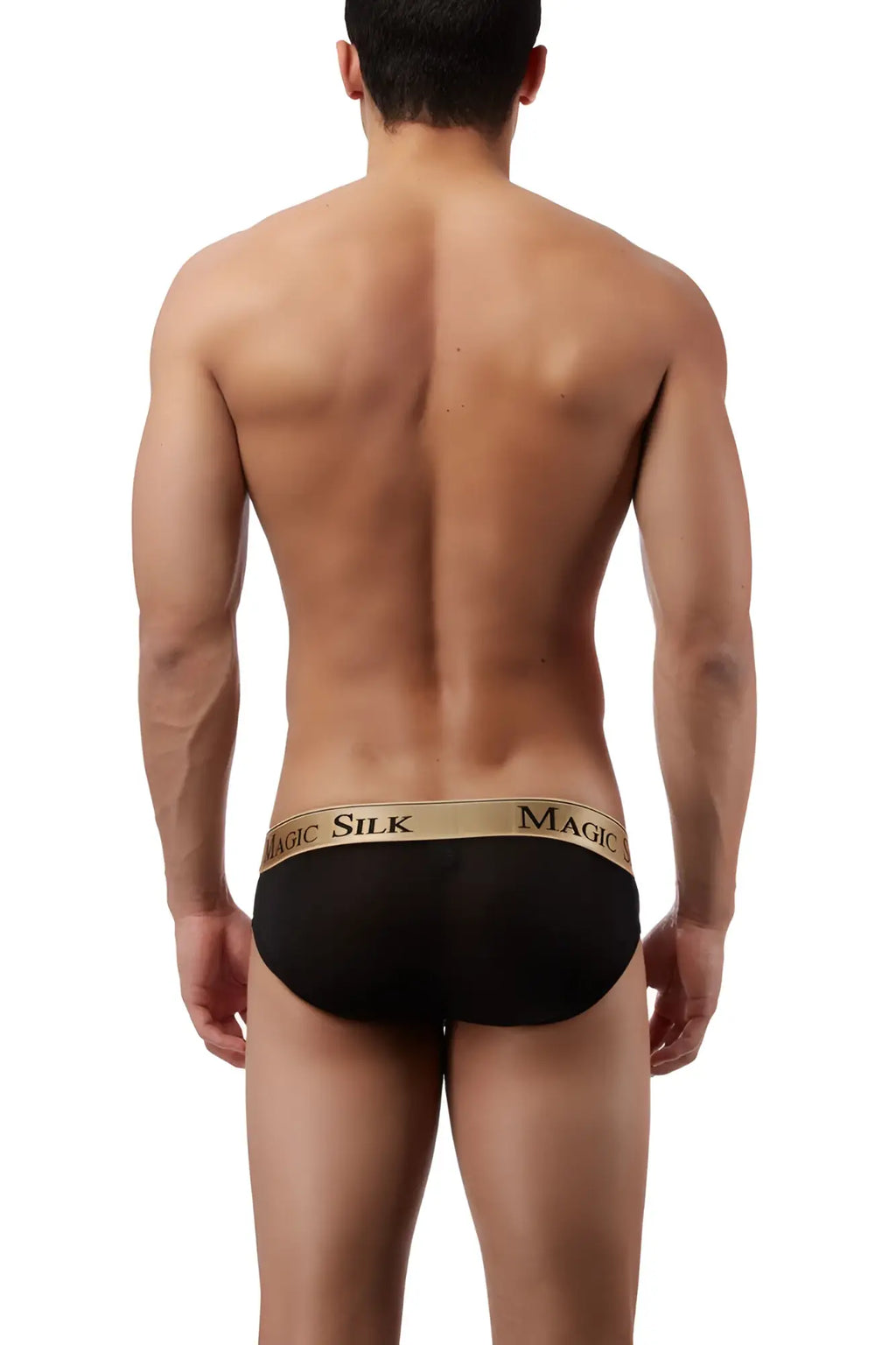 Black magic silk low rise bikini briefs with gold waistband and black brand name lettering size m