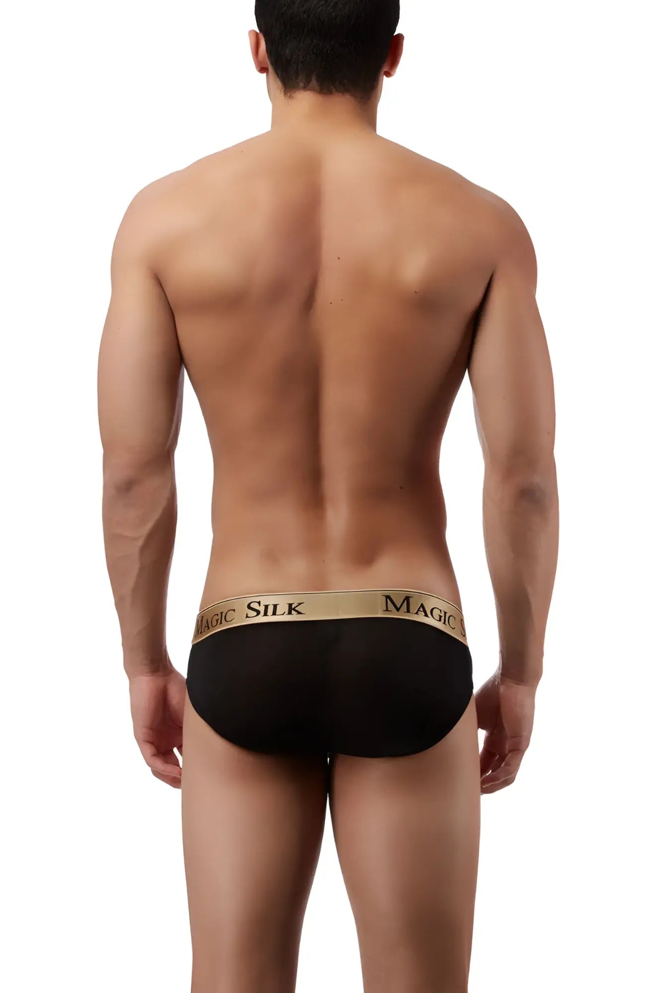 Black magic silk low rise bikini briefs with gold waistband and black brand name lettering size m