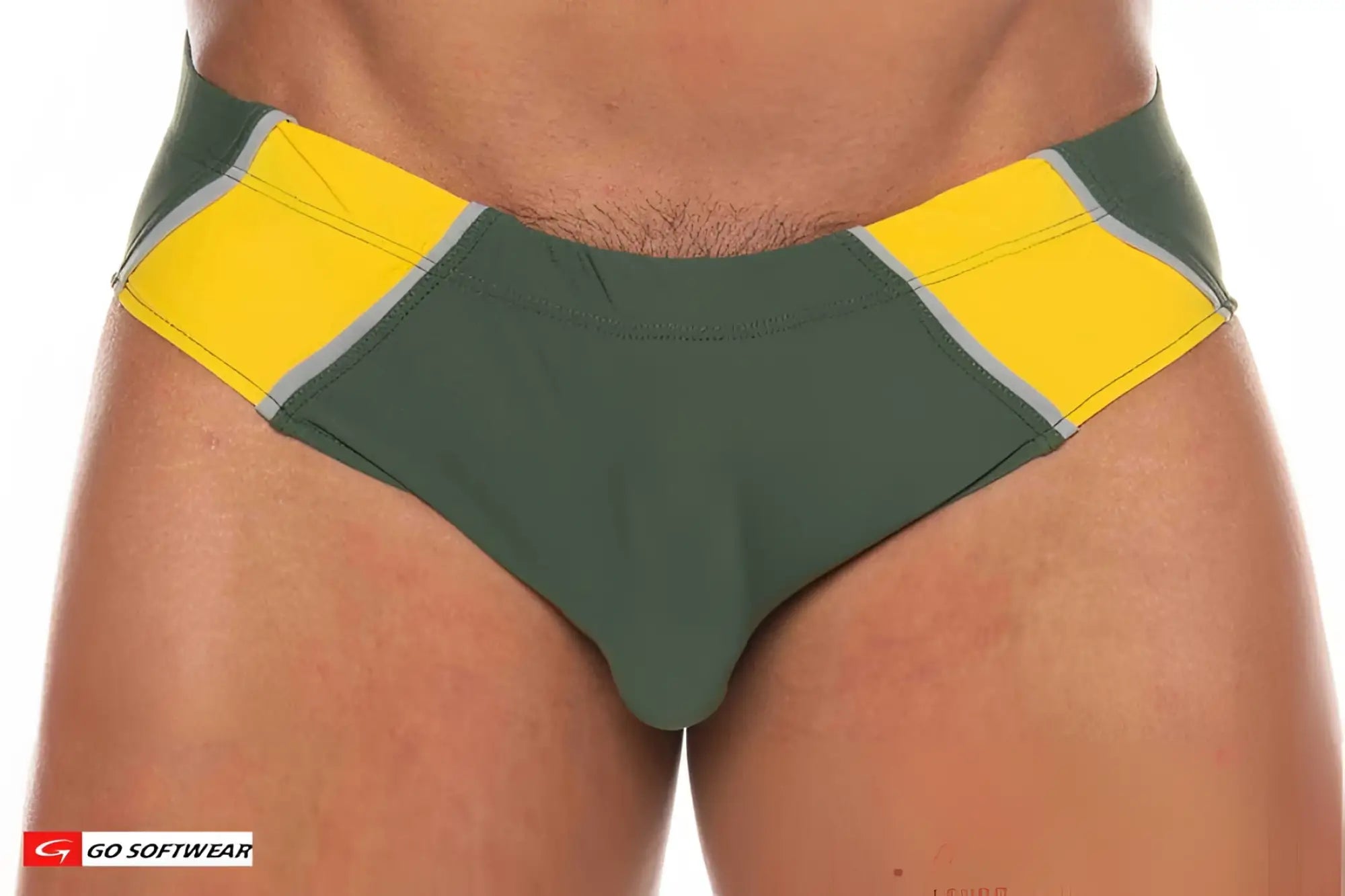 Dark green and bright yellow majorca bikini swim trunks with gray trim for stylish beachwear