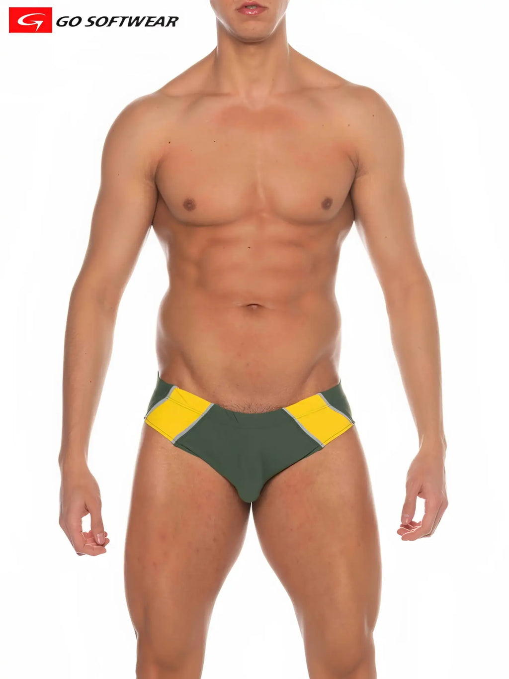 Majorca bikini swim green and yellow athletic swim trunks with bold geometric design and contrasting yellow panels