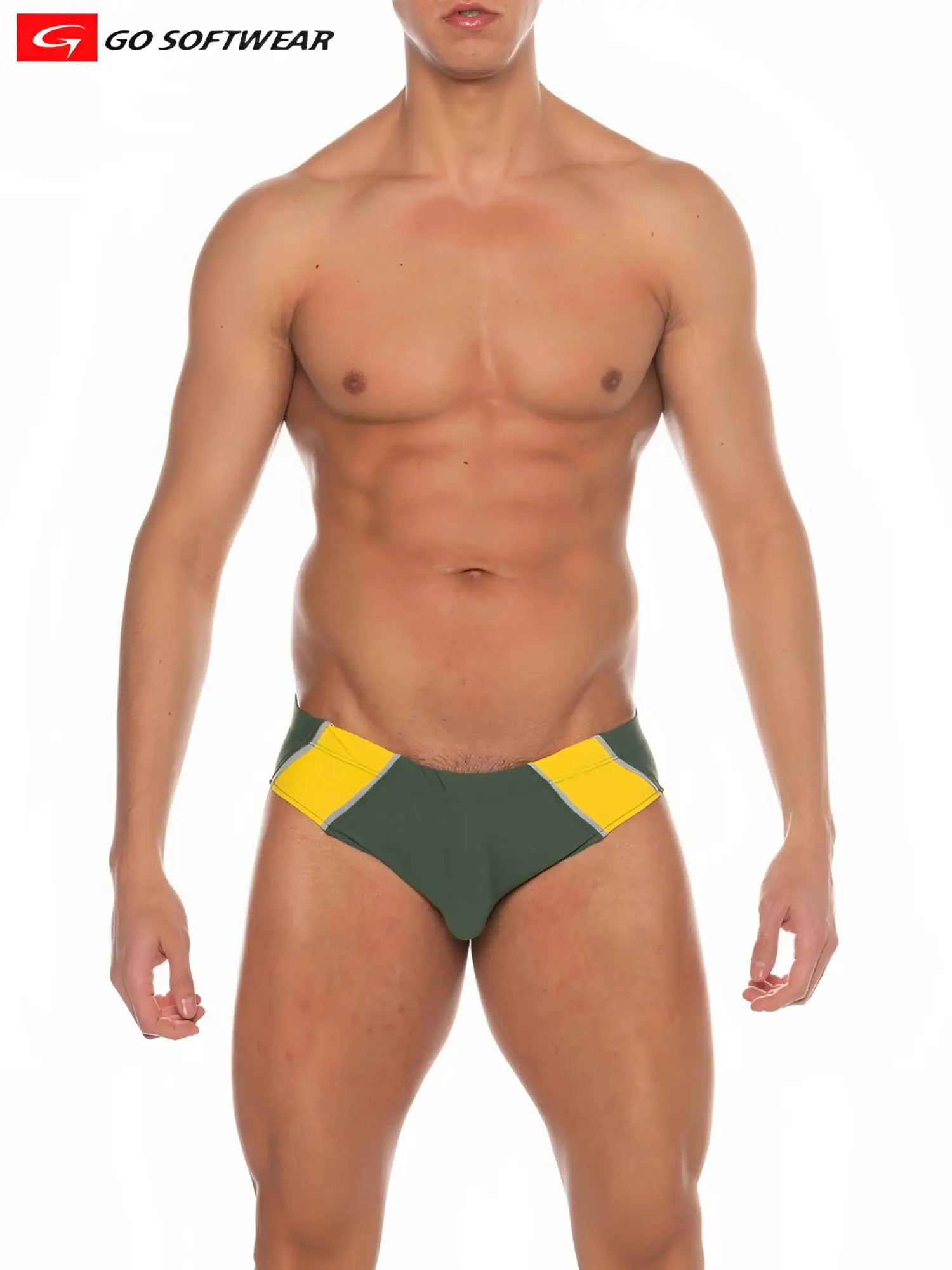 Majorca bikini swim green and yellow athletic swim trunks with bold geometric design and contrasting yellow panels