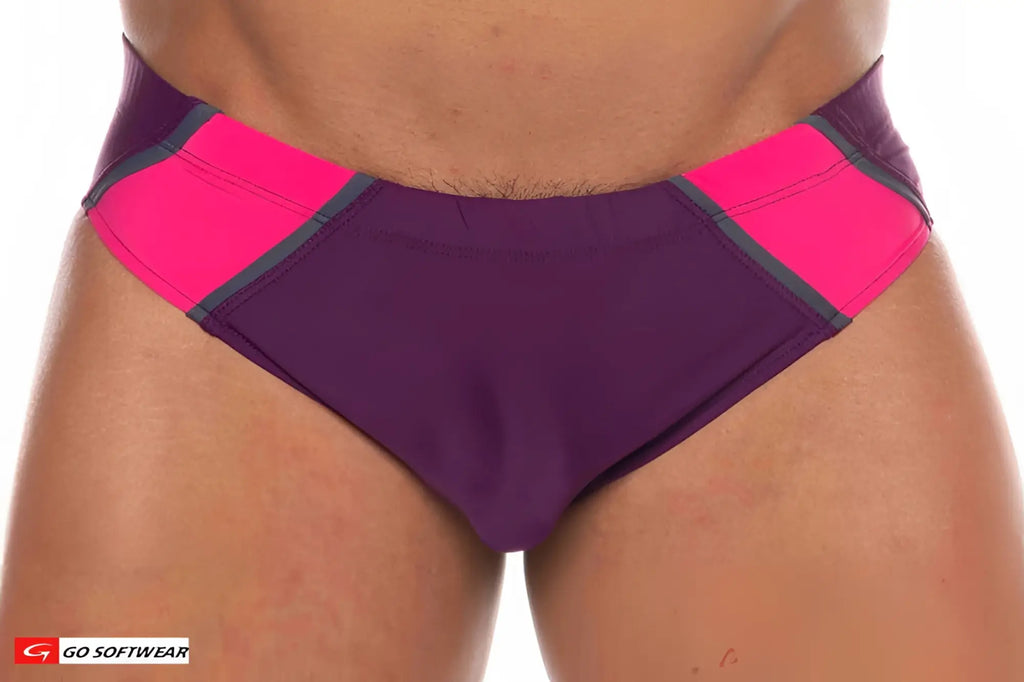 Majorca bikini swim purple and bright pink swim trunks with gray trim and modern design from go softwear