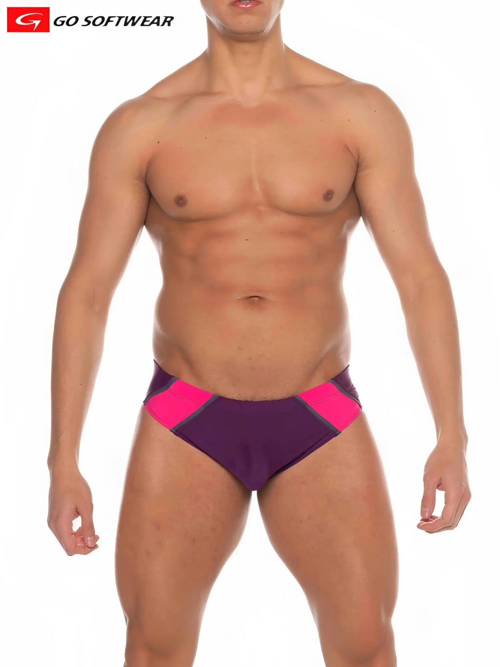 Purple and pink Majorca Bikini Swim athletic swim trunks featuring a bold color-block design for active use