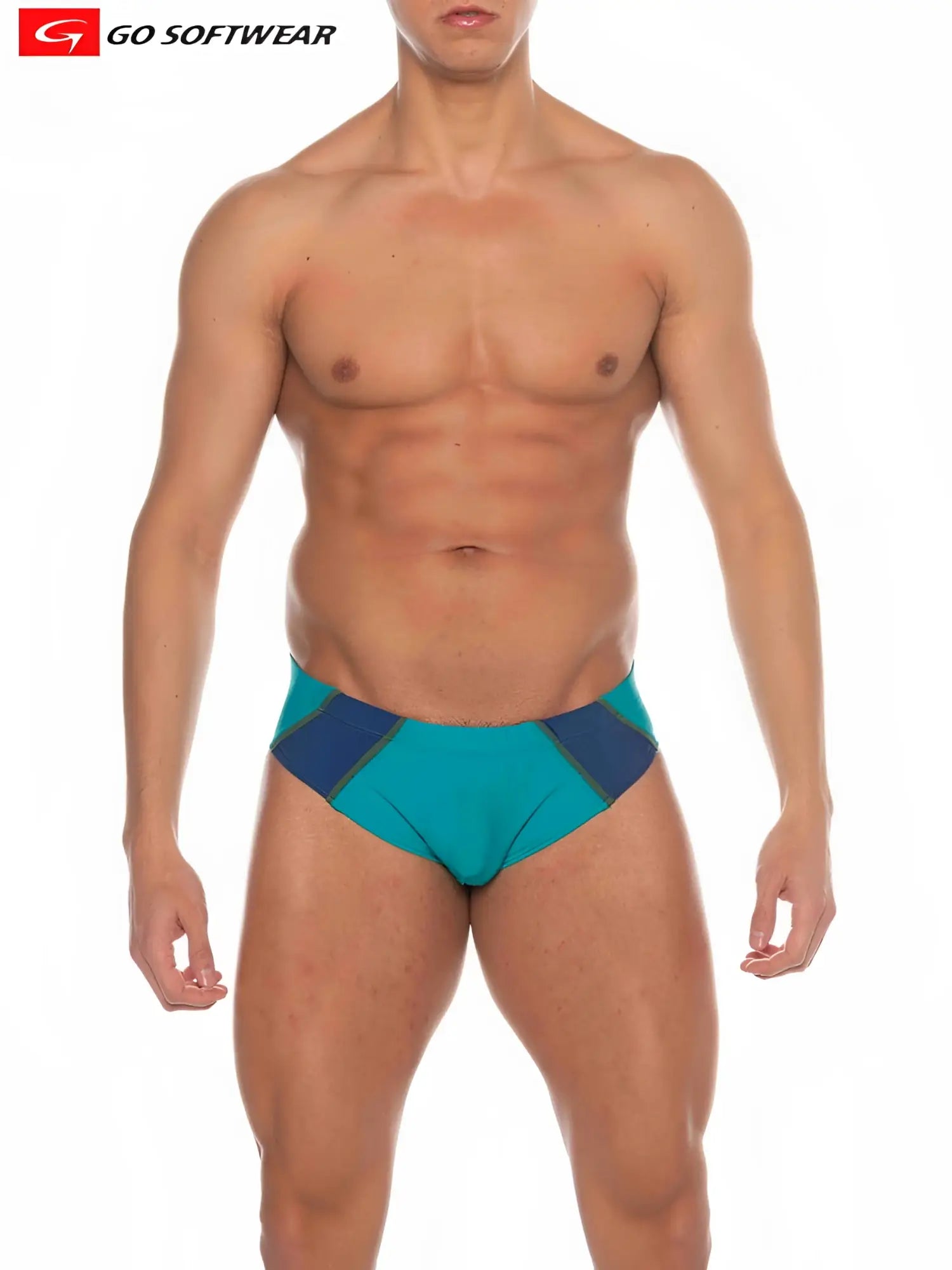 Teal and navy blue geometric design majorca bikini swim trunks from go softwear for comfortable beachwear