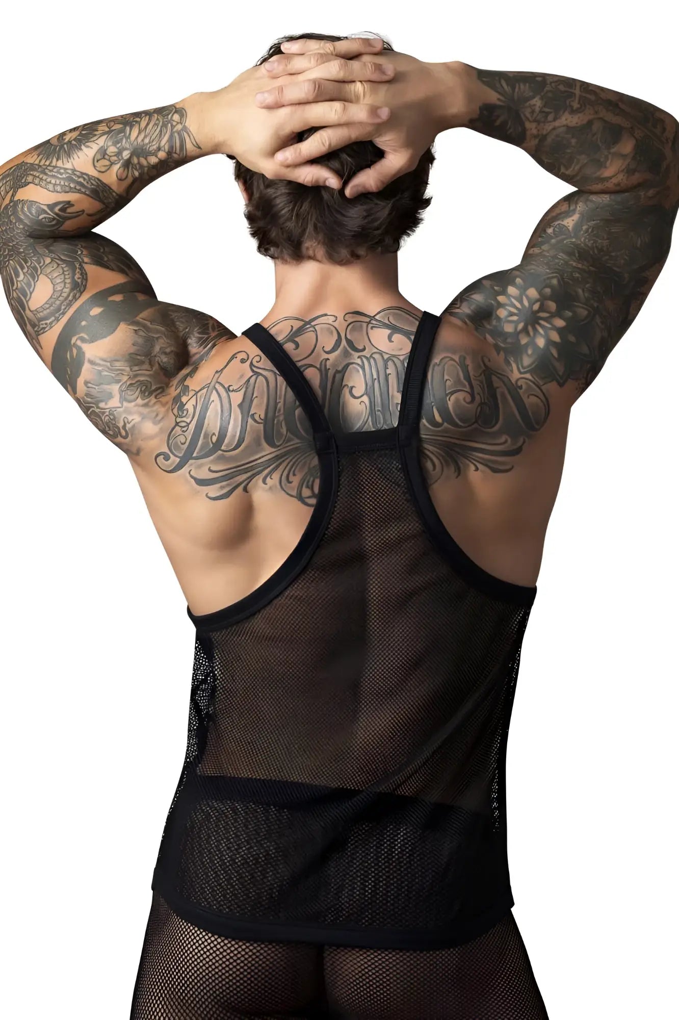 Black male power 110-11c fishnet tank top with thin straps and intricate mesh back design shown from the back side