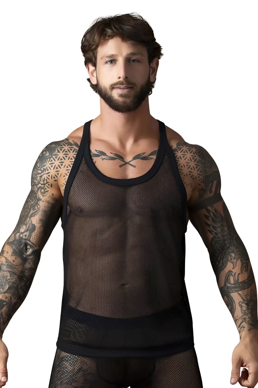 Male power 110-11c fishnet black tank top with reinforced shoulder straps and solid trim at the waist