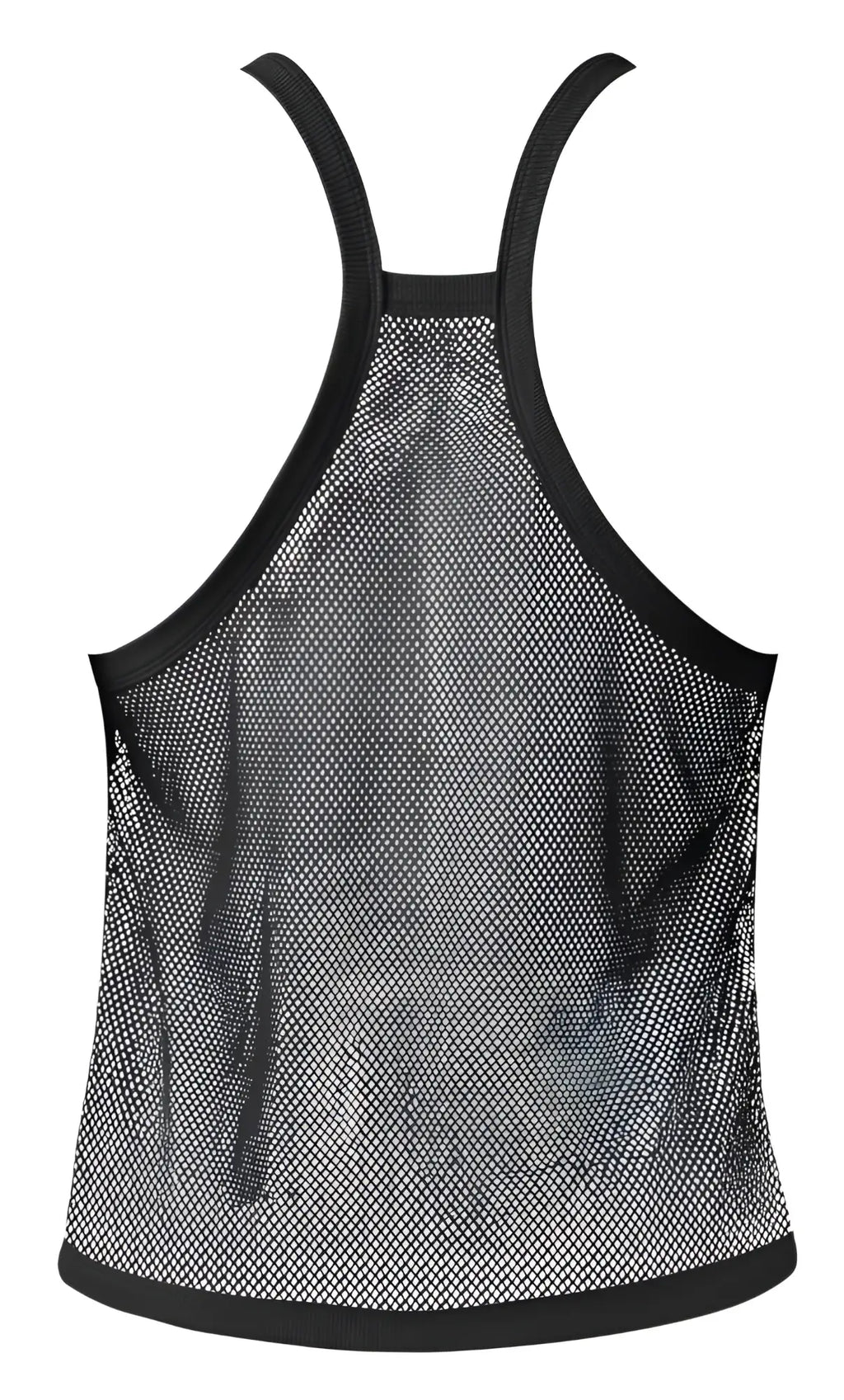 Male Power 110-11C black fishnet mesh tank top with sleek form-fitting design and reinforced shoulder straps