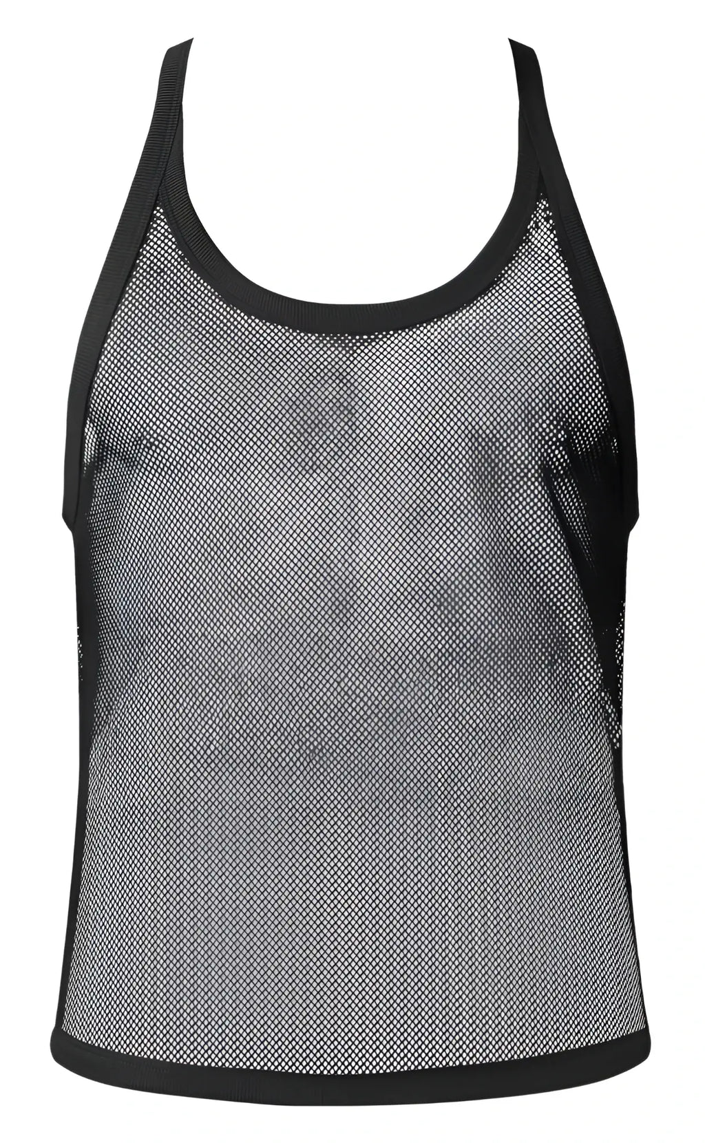 Male power 110-11c fishnet 2 black tank top with solid trim along neckline armholes and hem in black mesh material