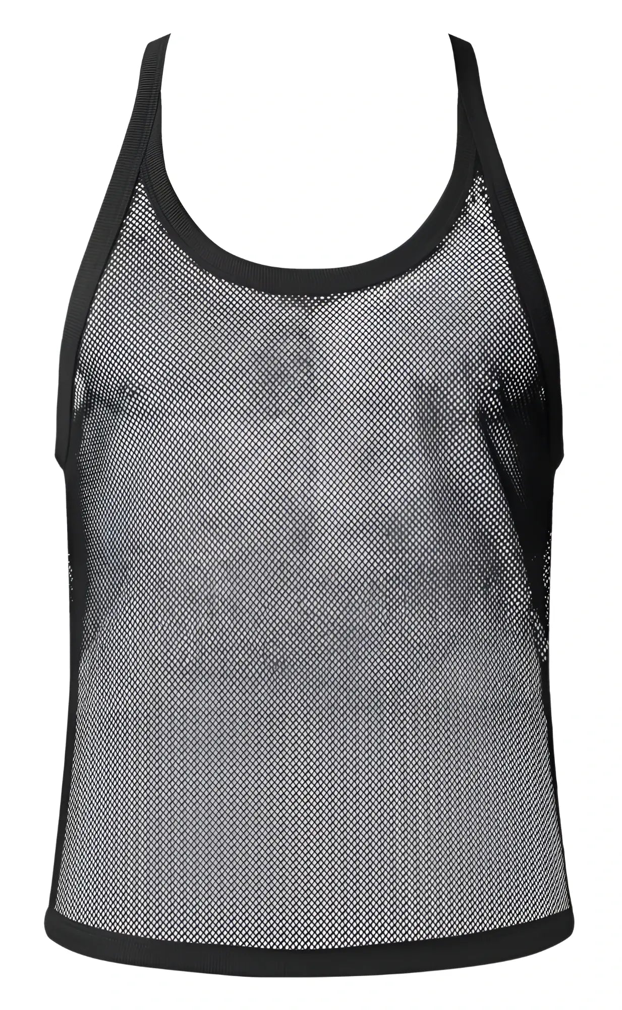 Male power 110-11c fishnet 2 black tank top with solid trim along neckline armholes and hem in black mesh material