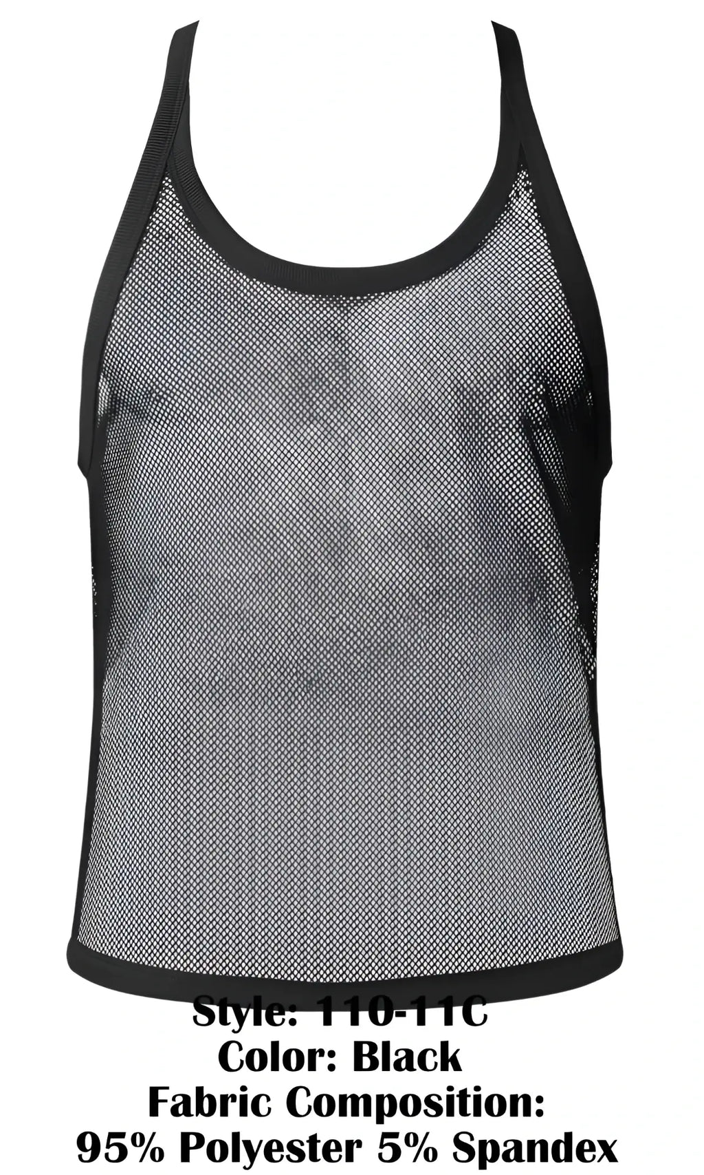 Male power 110-11c fishnet tank top in black with mesh material black trim and subtle gradient effect