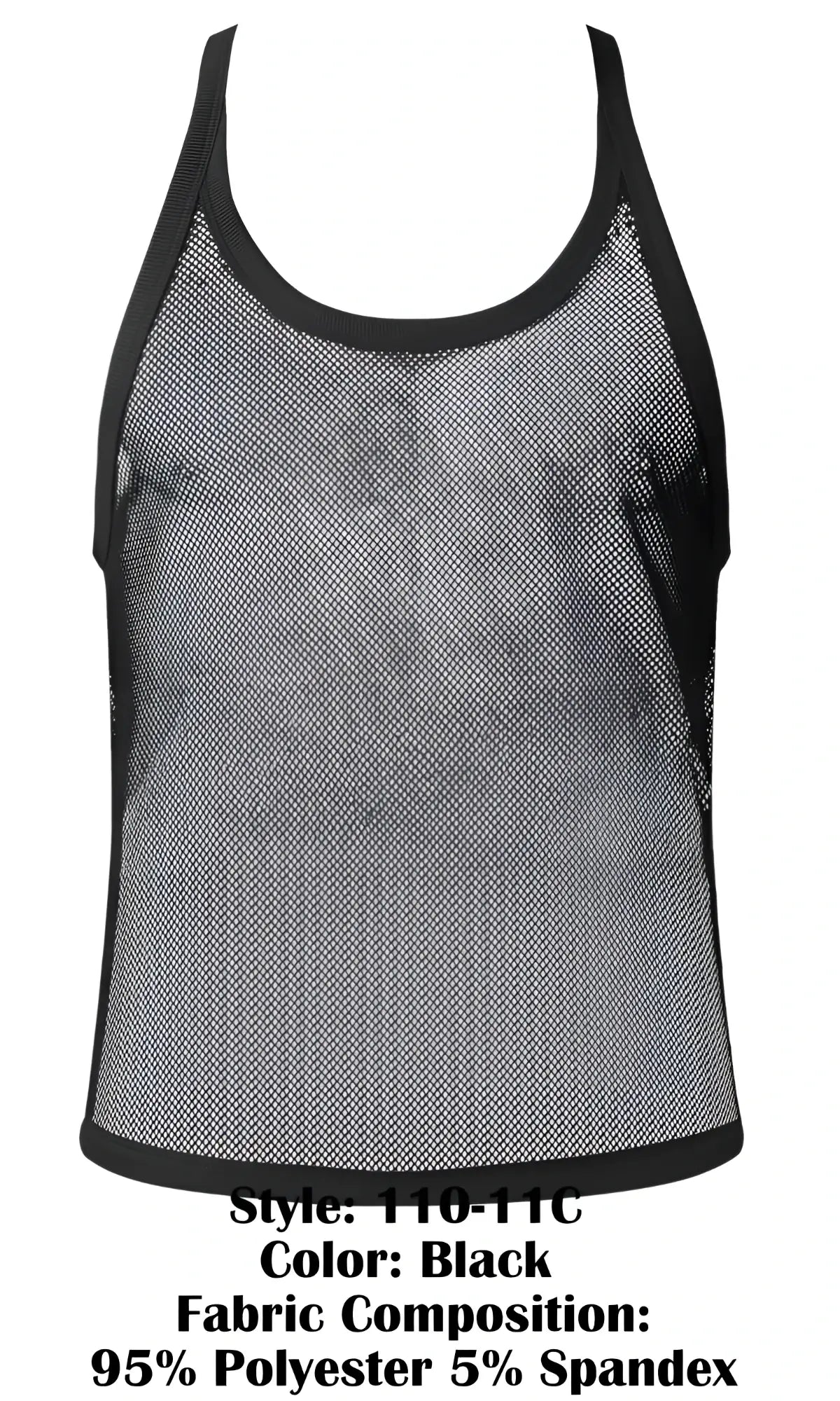 Male power 110-11c fishnet tank top in black with mesh material black trim and subtle gradient effect