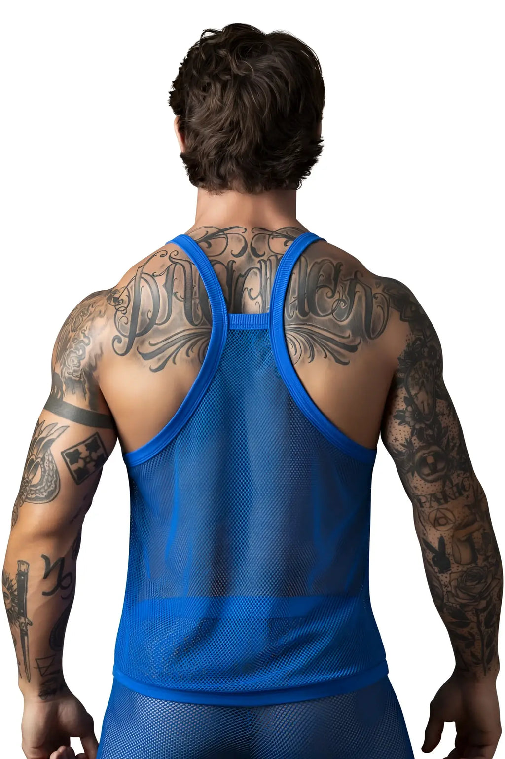 Male power 110-11c fishnet tank top in royal blue features a breathable mesh fabric with racerback straps