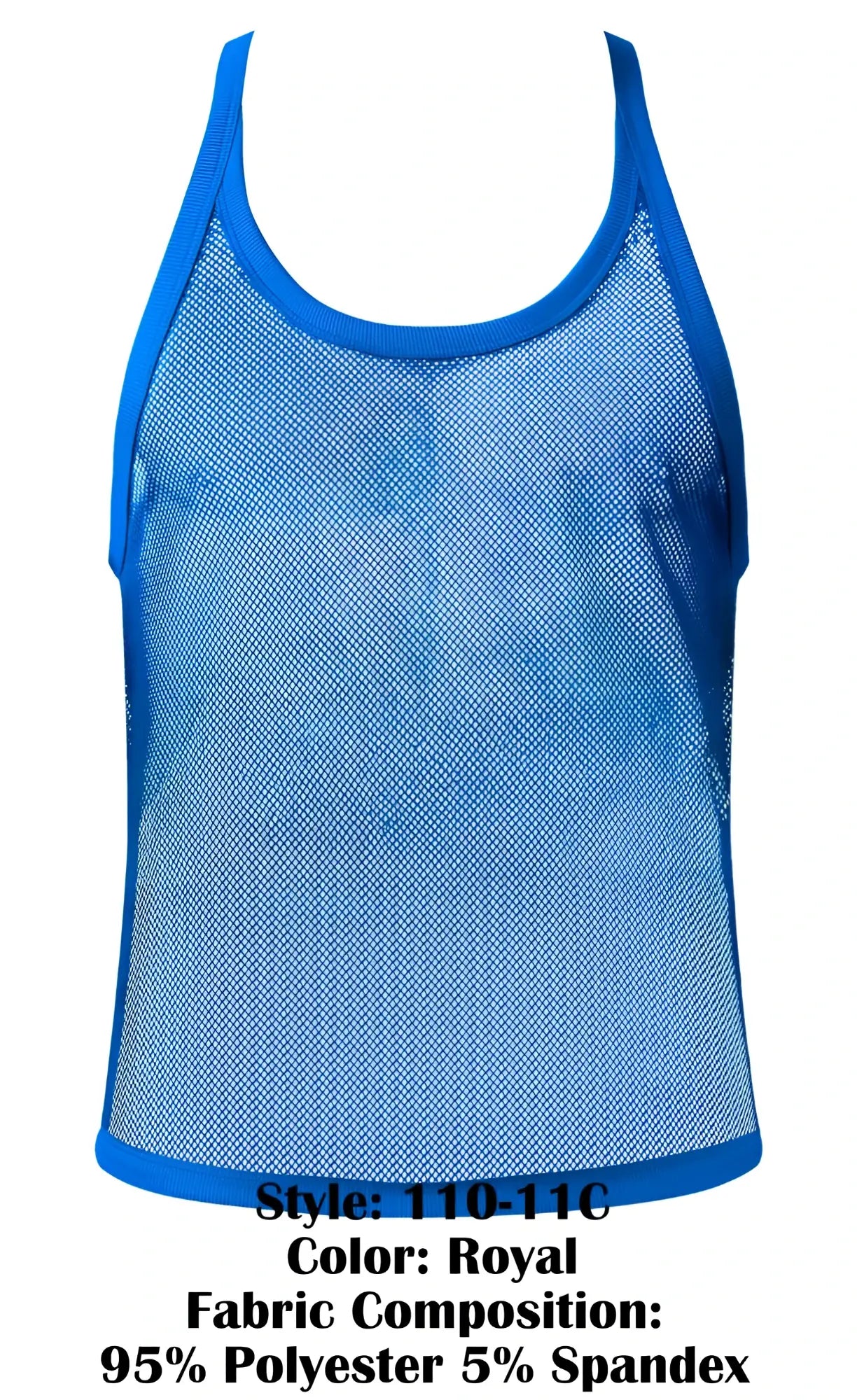 Male power royal blue fishnet tank top with solid trim and stretchy form fitting mesh design