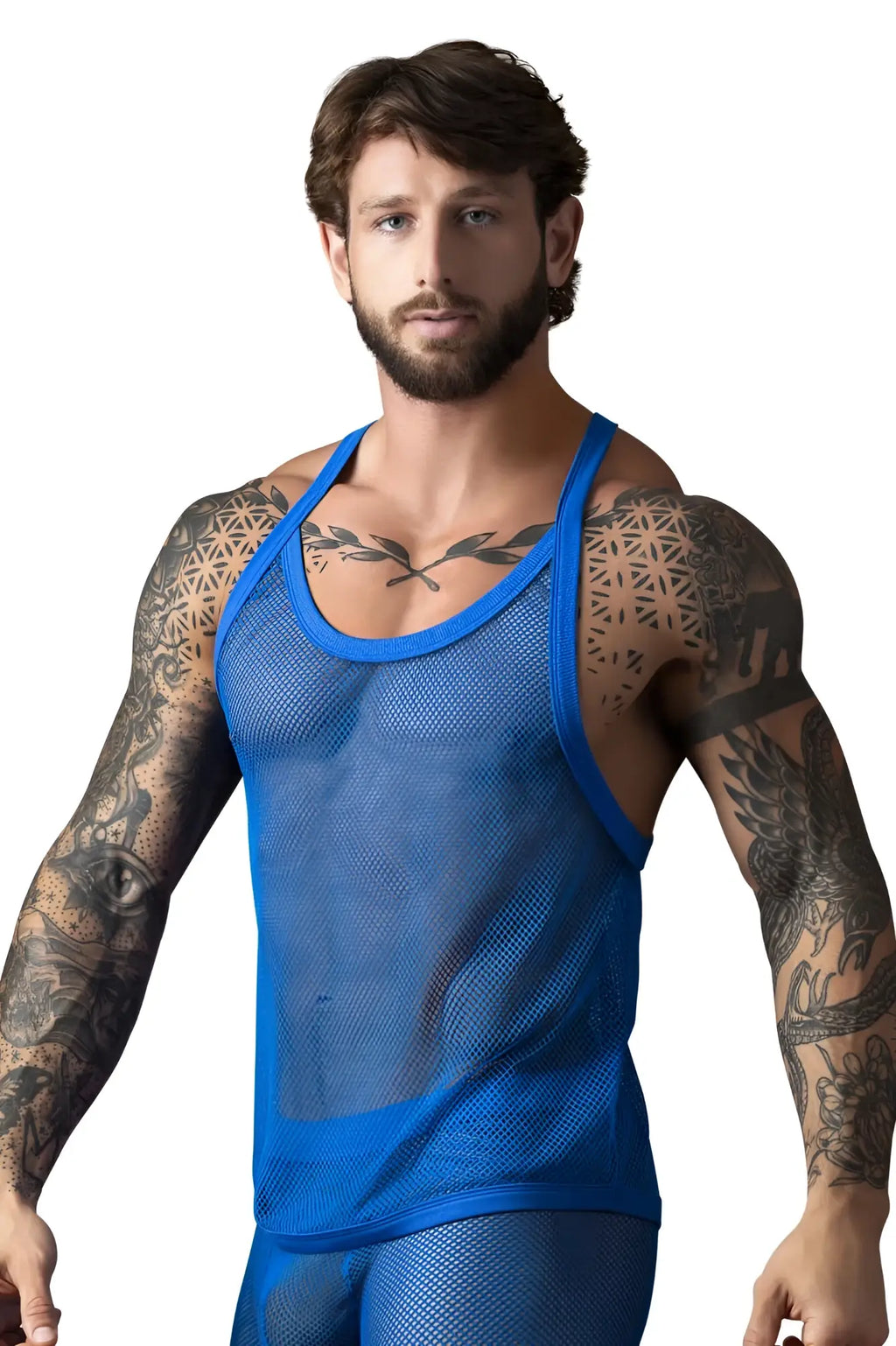 Male Power 110-11C fishnet tank top in royal blue with blue mesh fabric and solid trim