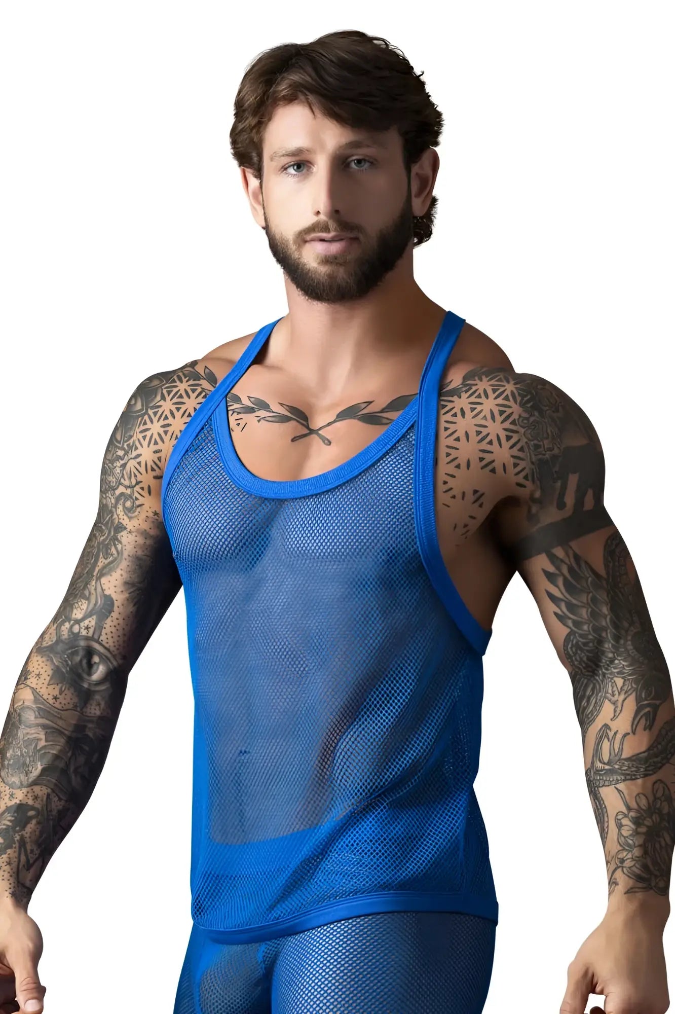 Male Power 110-11C fishnet tank top in royal blue with blue mesh fabric and solid trim