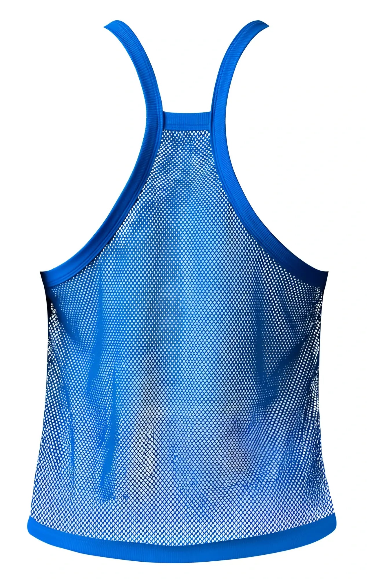 Male power 110-11c fishnet 2 tank top in royal blue mesh with solid blue trim along straps neckline and hem