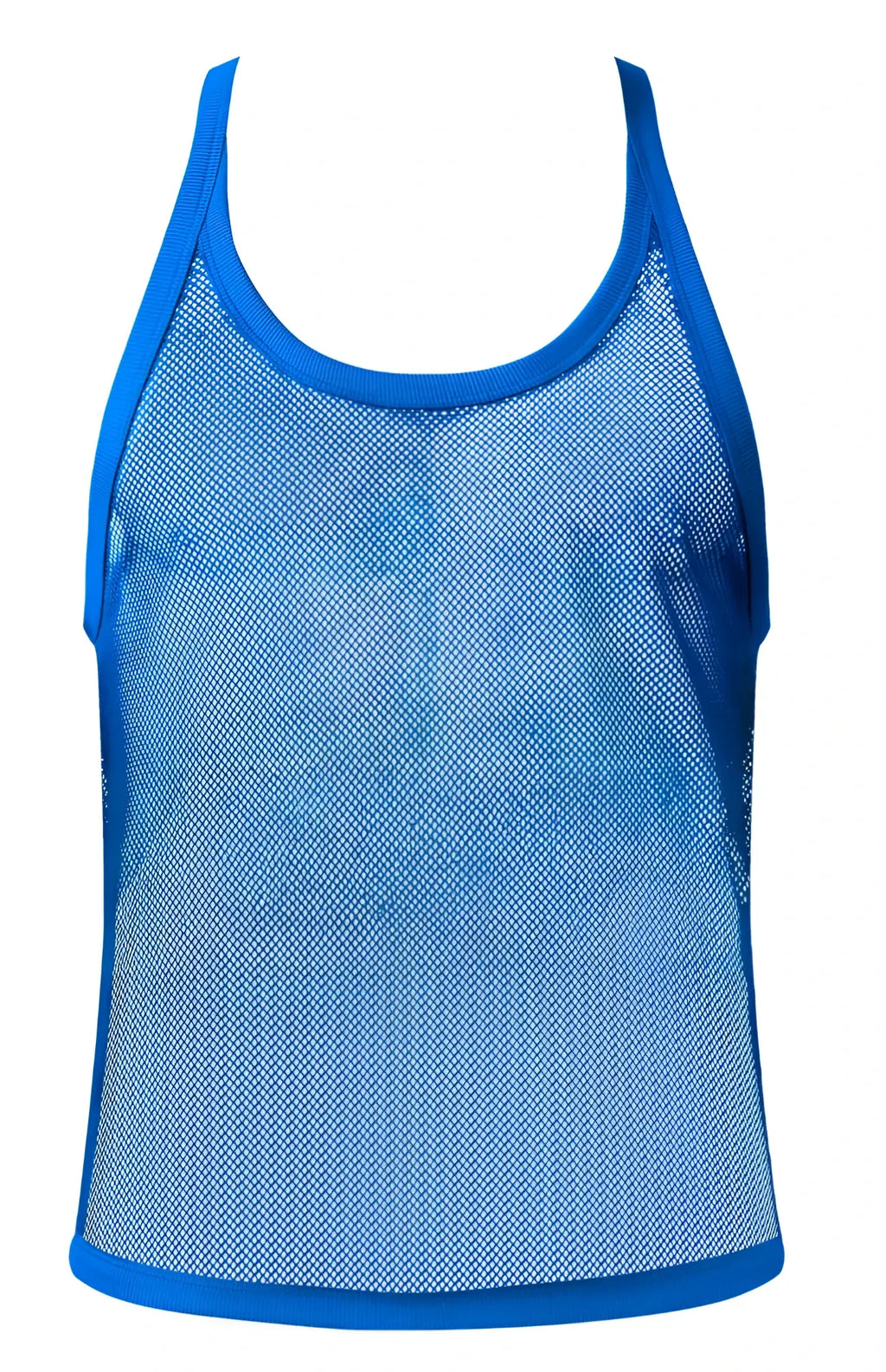 Male power 110-11c fishnet 2 tank top in royal blue mesh with solid trim on neckline armholes and hem