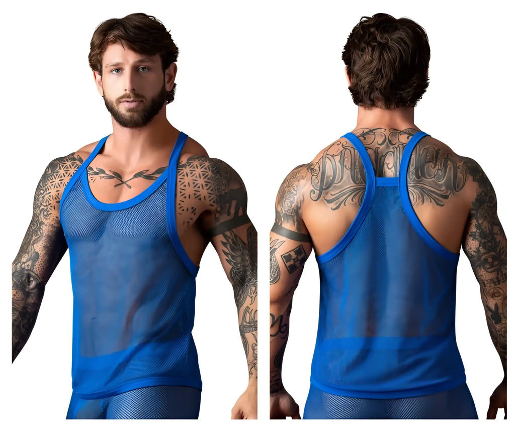 Male power 110-11c royal blue fishnet mesh tank top with blue trim showcasing the front side