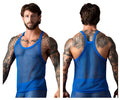 Male power 110-11c royal blue fishnet mesh tank top with blue trim showcasing the front side