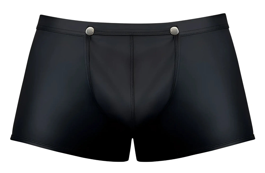 Male power 120-298 oh snap snap off short black glossy faux leather briefs with silver snap buttons at waistband