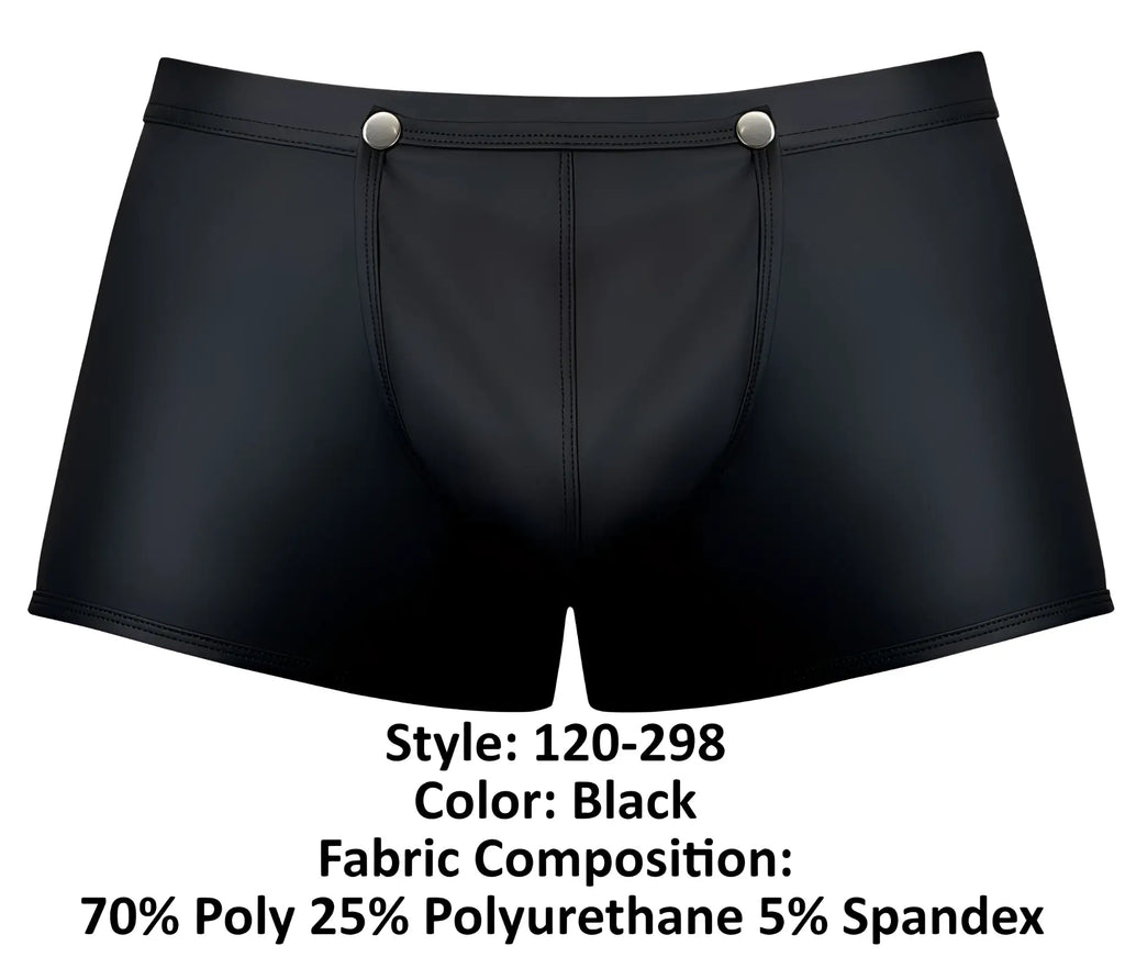 Black mens briefs with shiny faux leather finish and silver snap buttons at waistband male power 120 298 oh snap snap off short