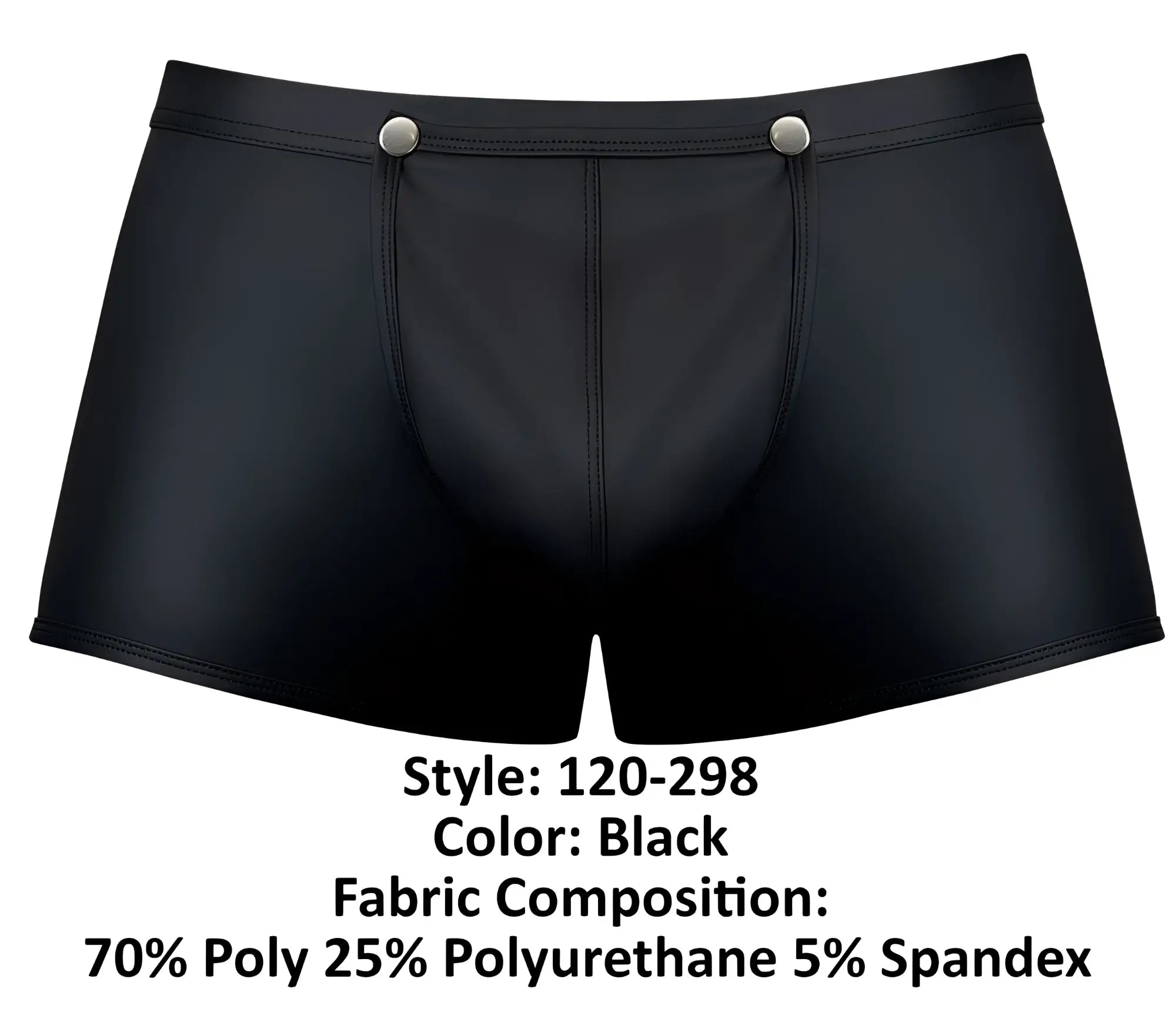 Black mens briefs with shiny faux leather finish and silver snap buttons at waistband male power 120 298 oh snap snap off short
