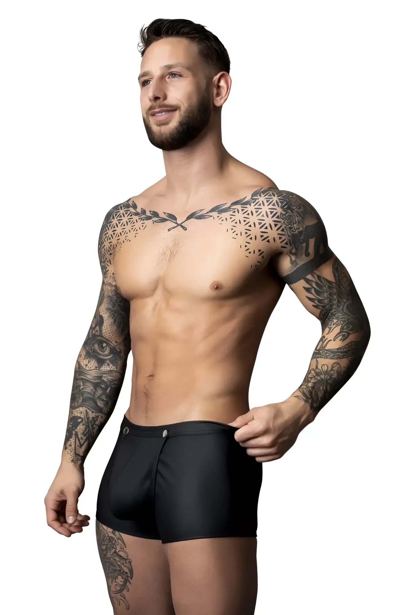 Male power 120-298 oh snap snap off short black sleek form-fitting swim trunks with subtle front zipper detail