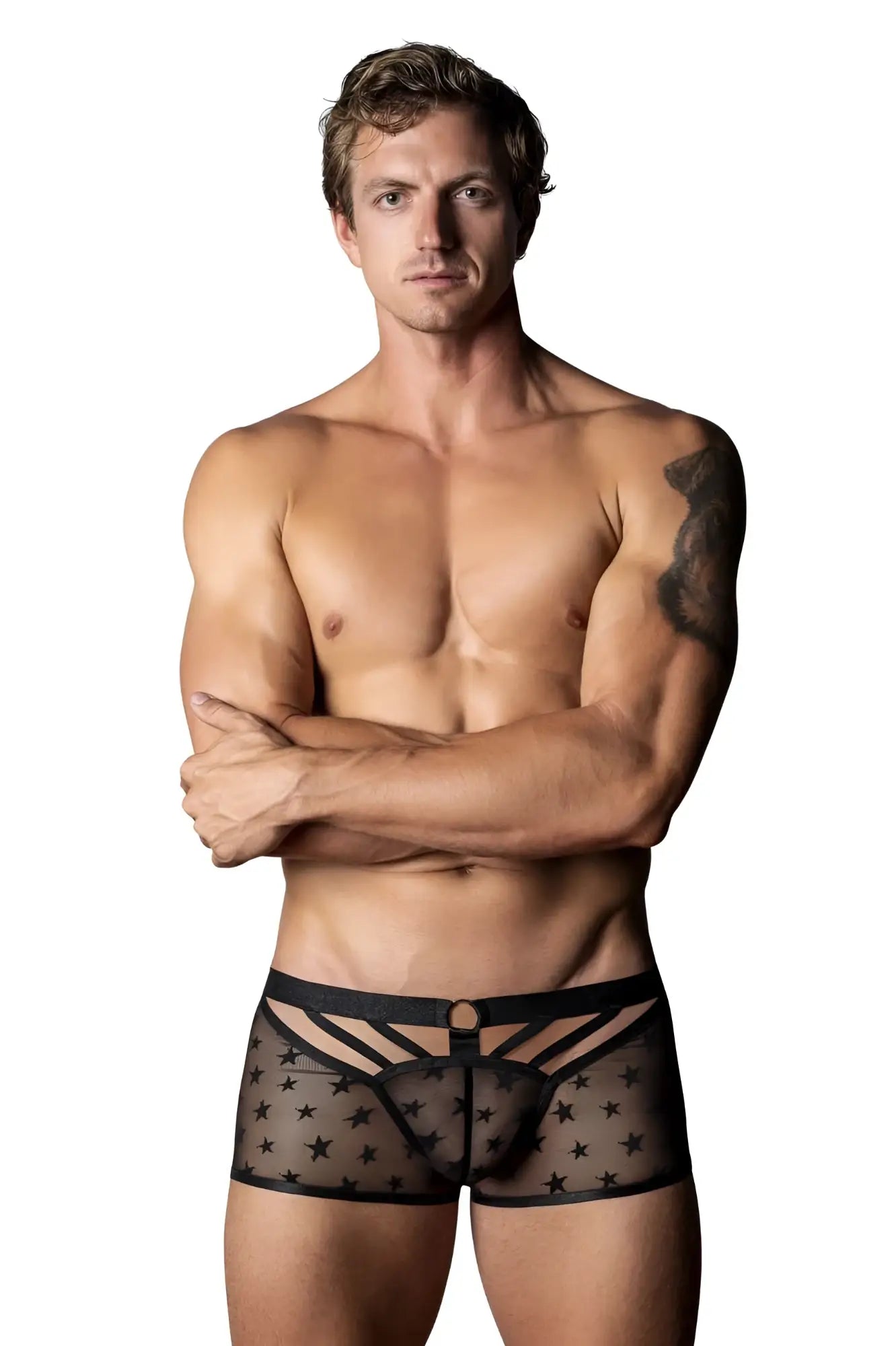 Male power 122-291 love star short sheer black men’s briefs with star pattern and structured geometric design